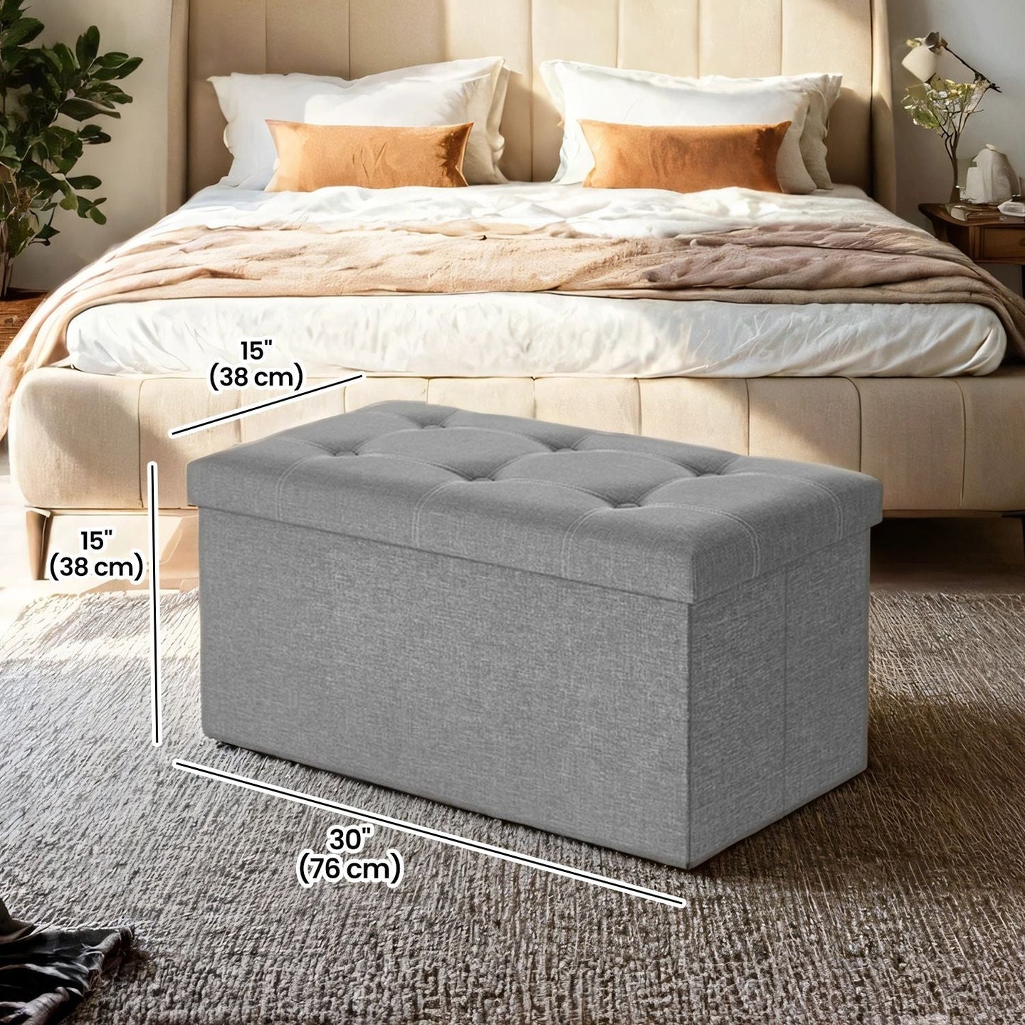 Ottoman Storage Bench - Linen-Look Fabric - Dark Grey