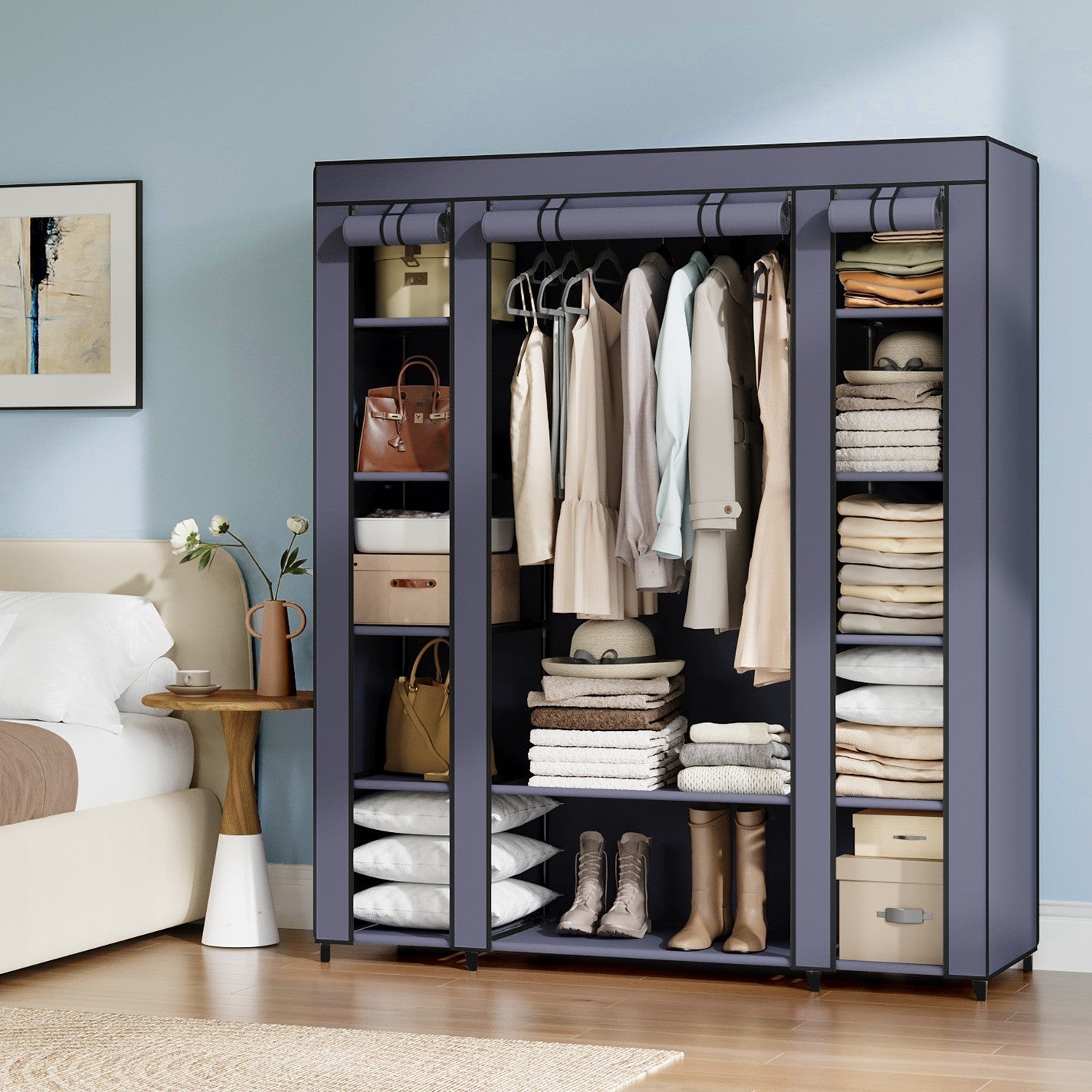 Portable Closet - Fabric - Navy Blue - Clothes Storage Organizer with Rail