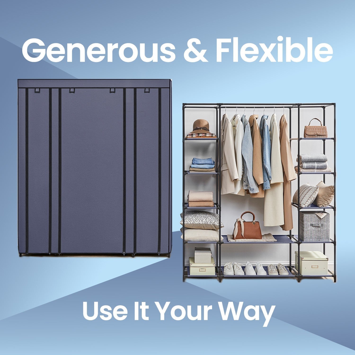 Portable Closet - Fabric - Navy Blue - Clothes Storage Organizer with Rail
