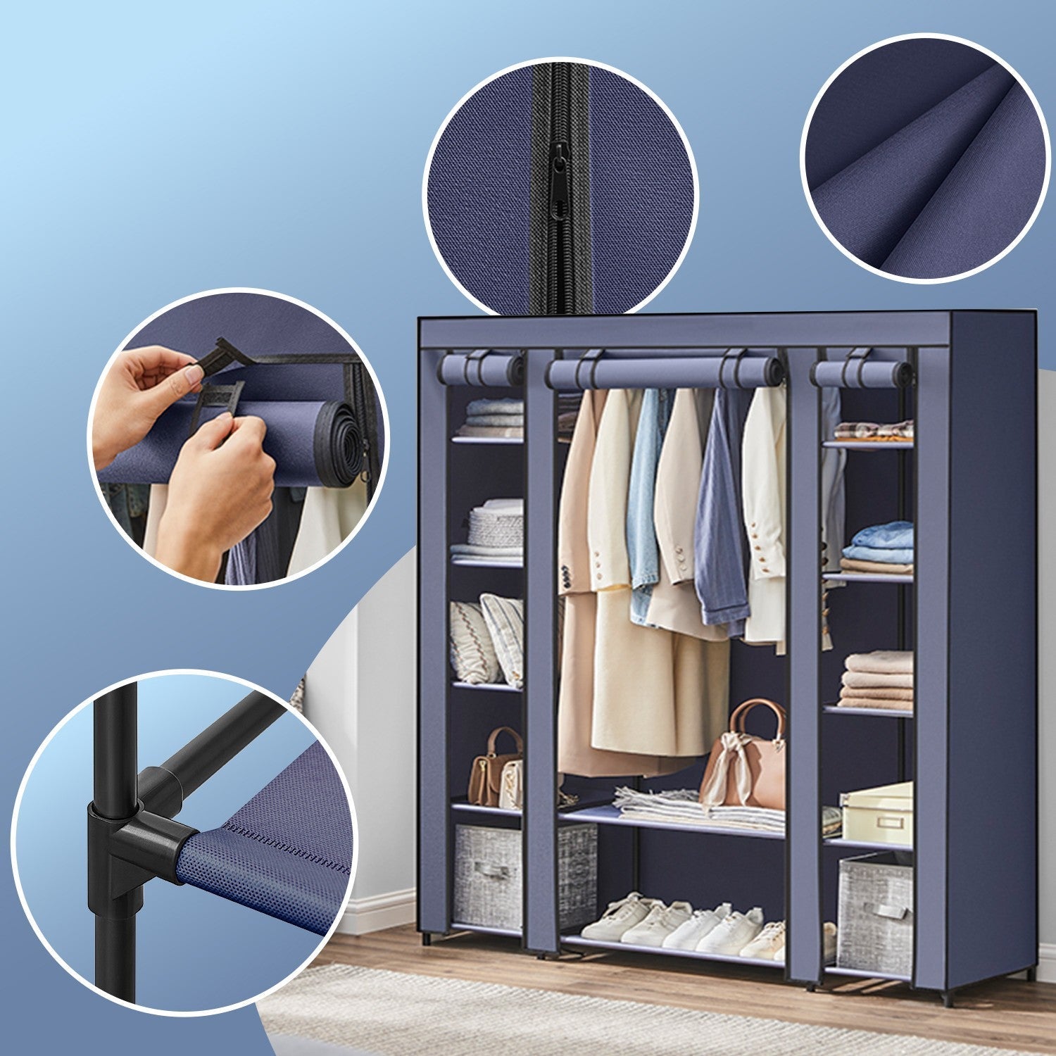 Portable Closet - Fabric - Navy Blue - Clothes Storage Organizer with Rail