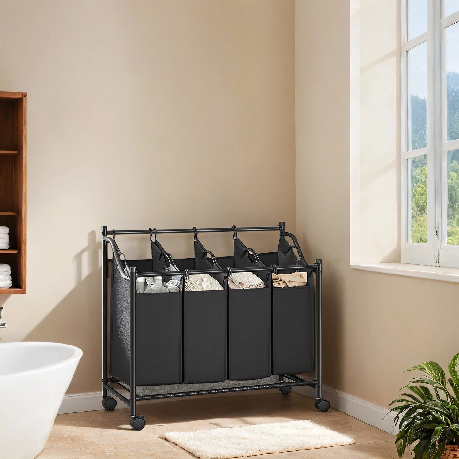 Rolling Laundry Sorter - Fabric - Black - With 4 Removable 35L Bags