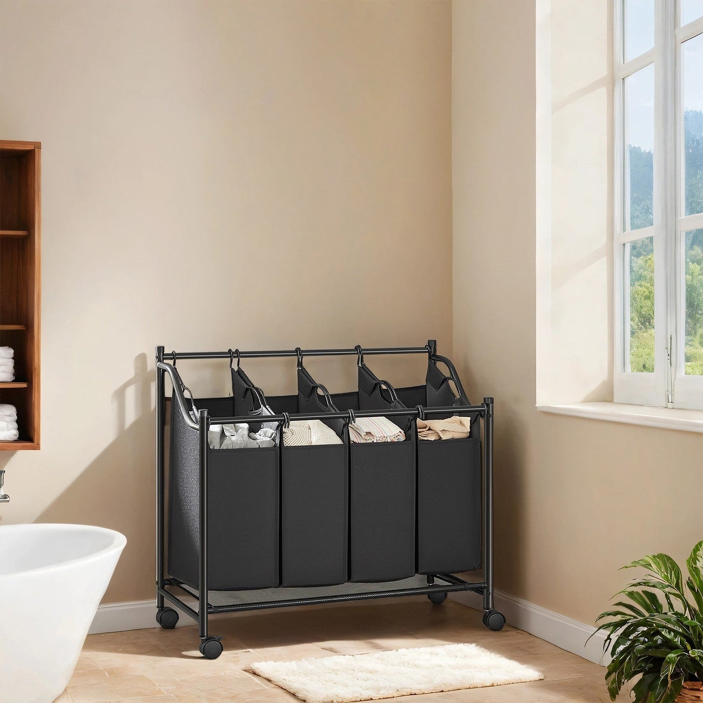 Rolling Laundry Sorter - Fabric - Black - With 4 Removable 35L Bags