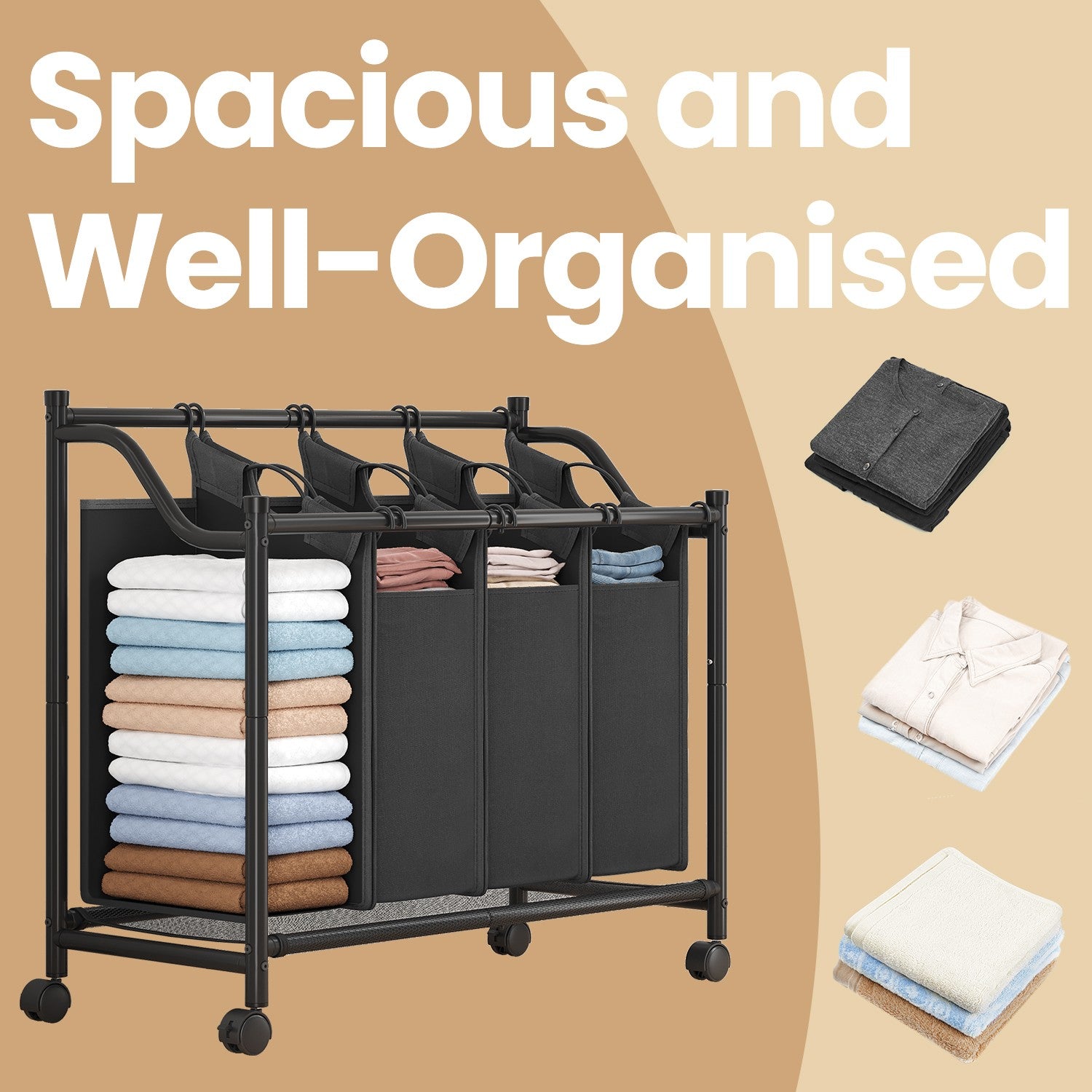 Rolling Laundry Sorter - Fabric - Black - With 4 Removable 35L Bags