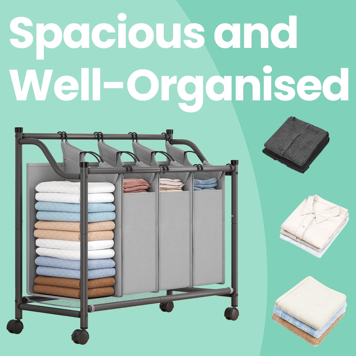 Rolling Laundry Sorter - Fabric - Black - With 4 Removable 35L Bags