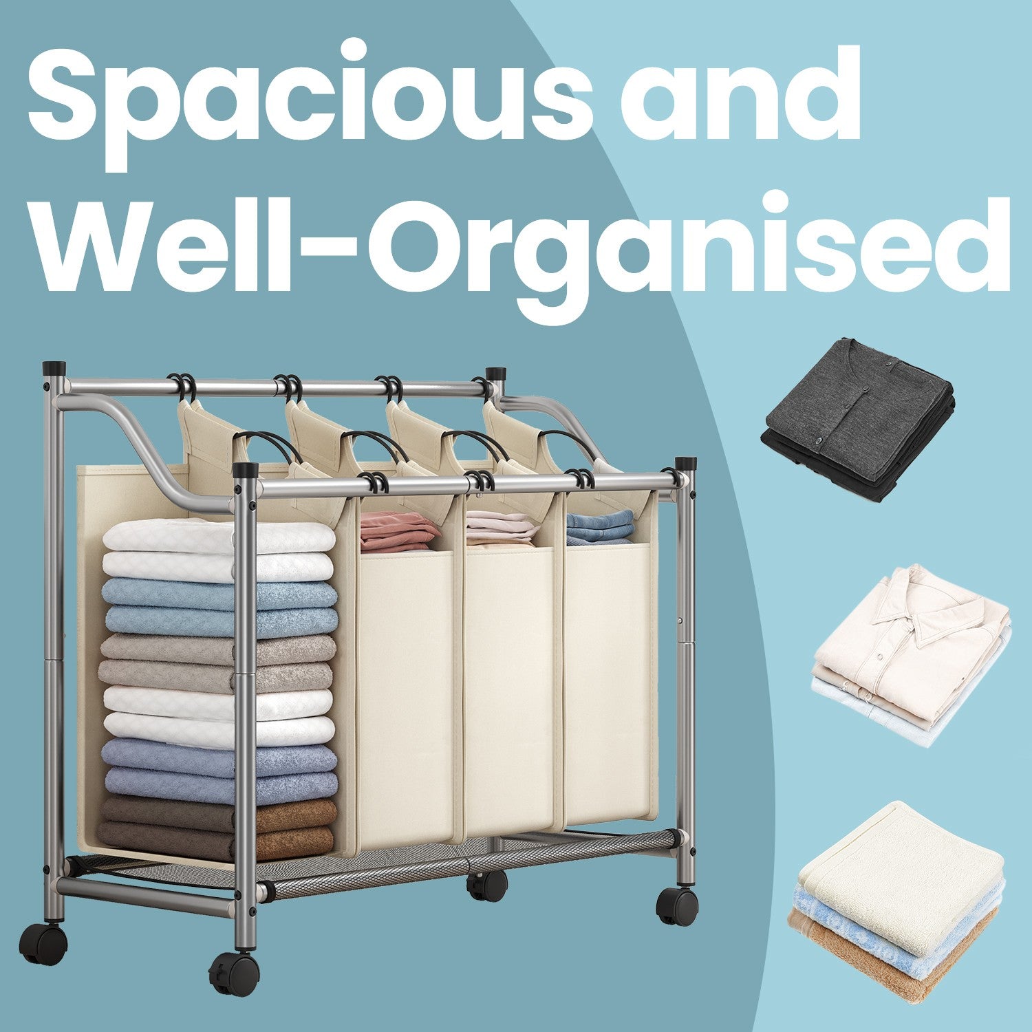 Rolling Laundry Sorter - Powder Coated Steel Tube and Nylon Castor - Beige