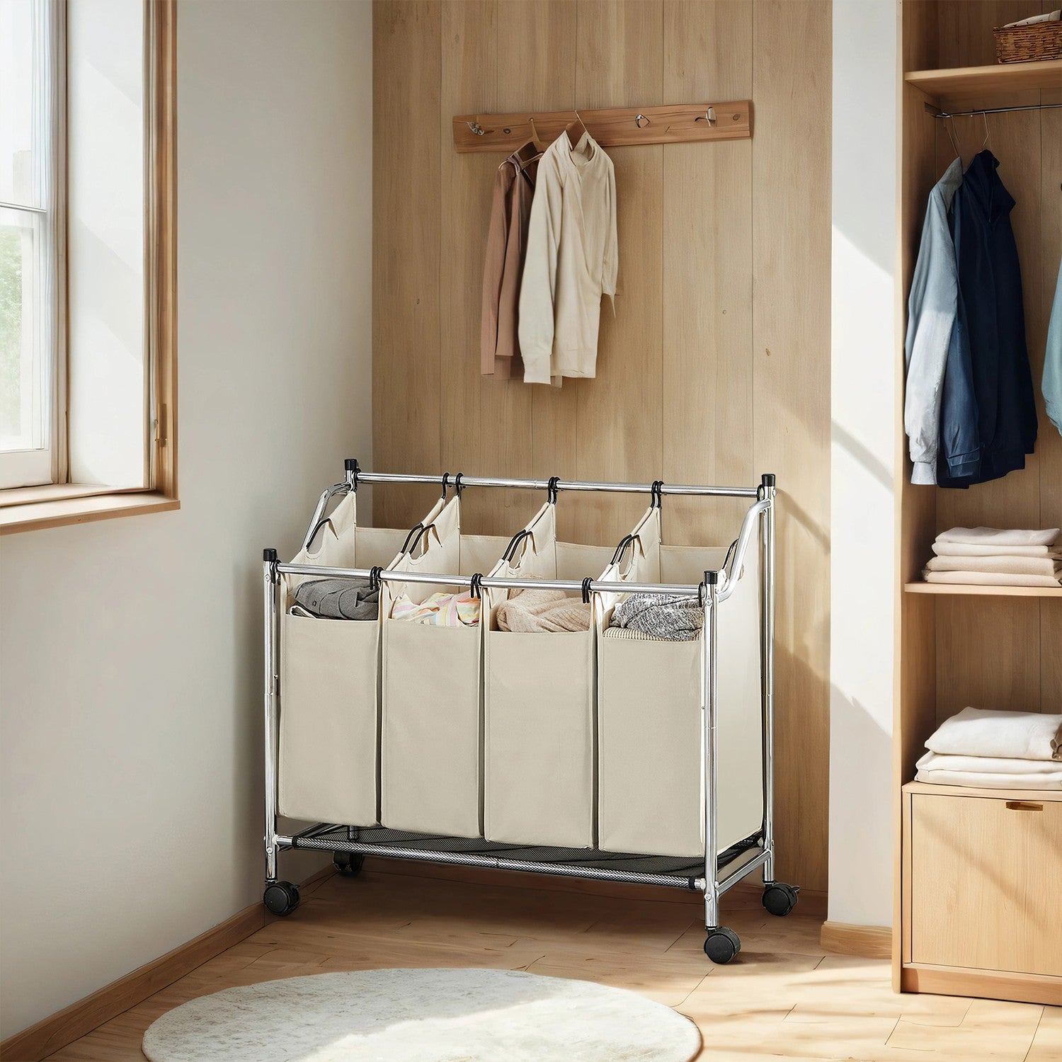 Rolling Laundry Sorter - Powder Coated Steel Tube and Nylon Castor - Beige