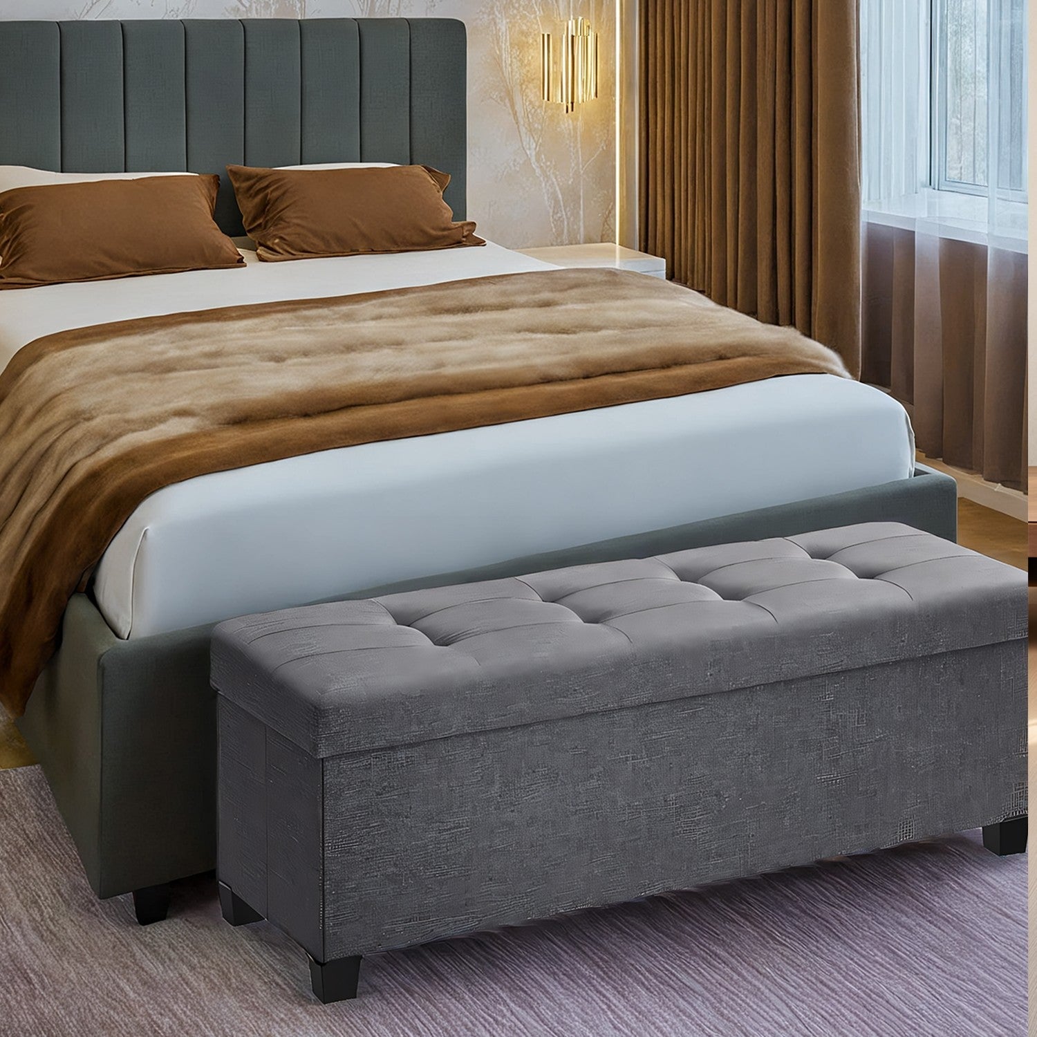 Storage Ottoman Bench - Fabric - Ink Black - Foldable with Storage and Plastic Legs