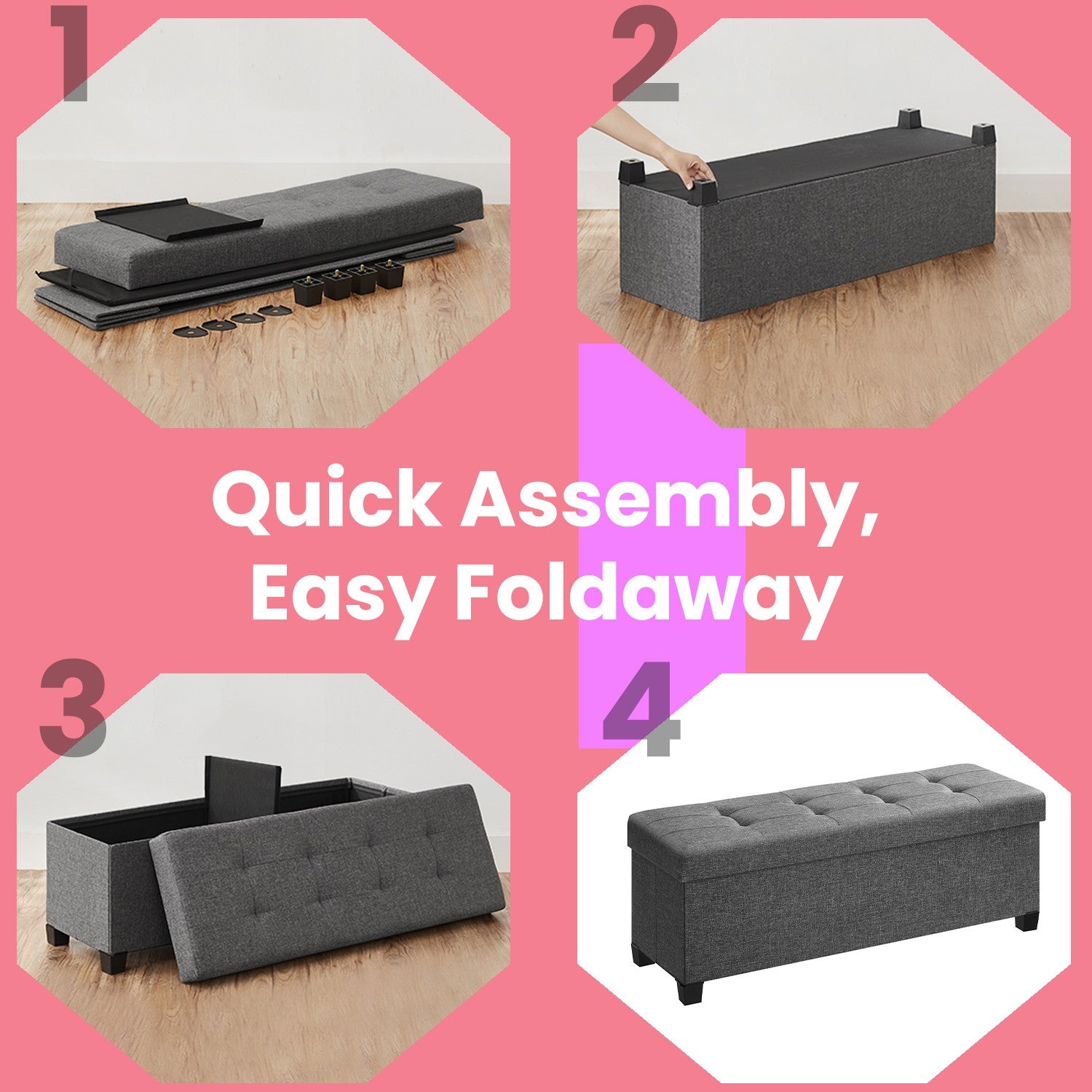 Storage Ottoman Bench - Fabric - Ink Black - Foldable with Storage and Plastic Legs
