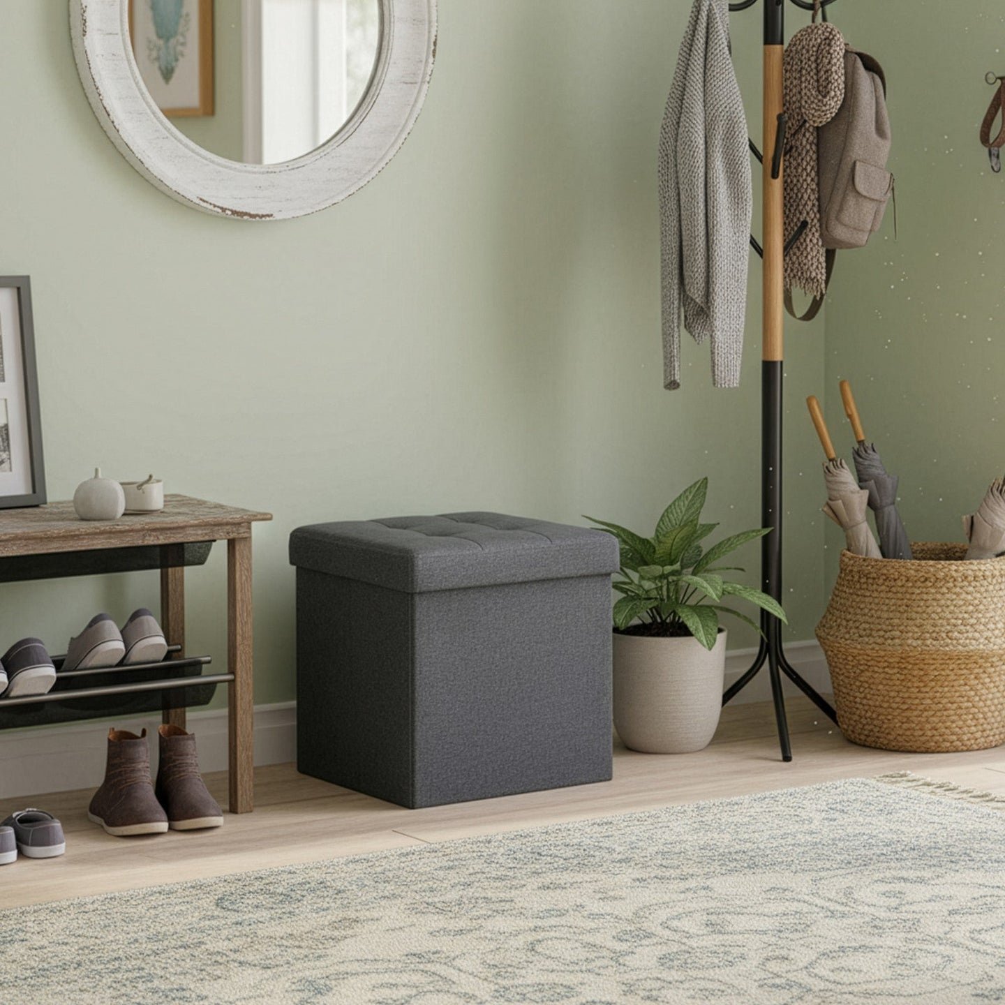 Set of 2 Storage Ottomans - Fabric - Dark Grey - Foldable Foot Rest Stools with Storage