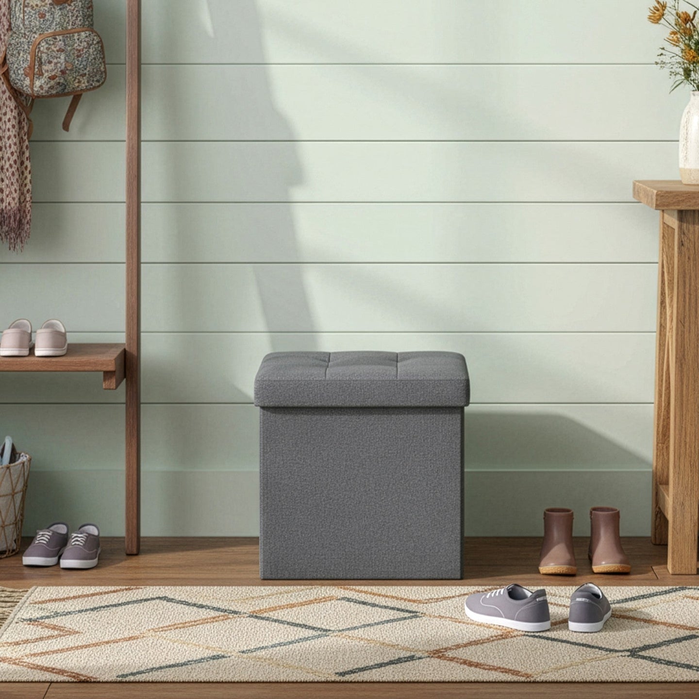 Set of 2 Storage Ottomans - Fabric - Dark Grey - Foldable Foot Rest Stools with Storage