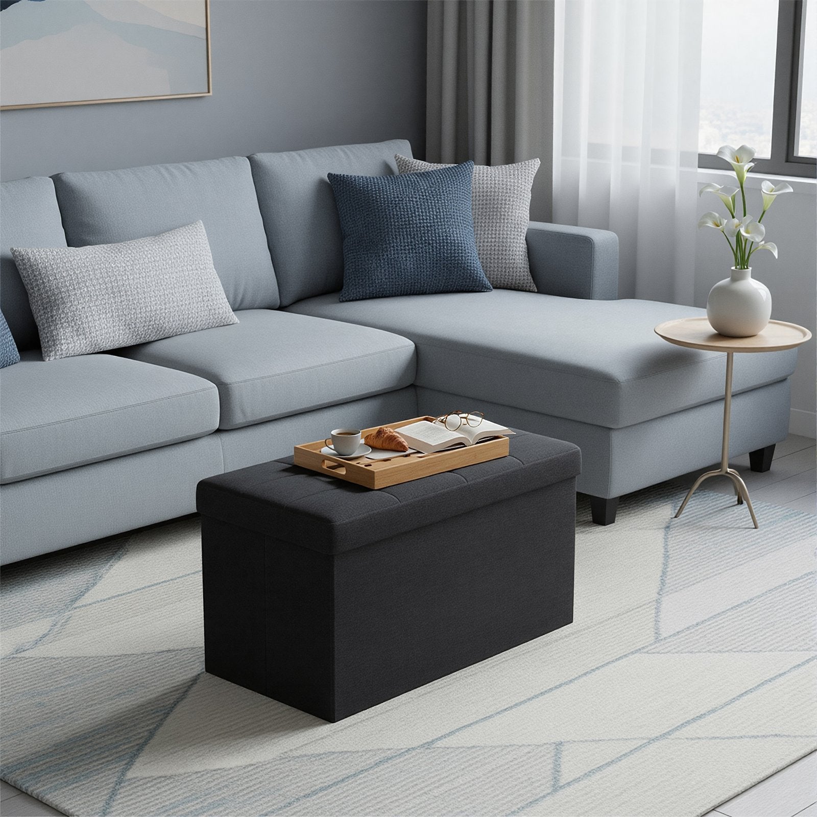 Storage Ottoman Bench - Fabric - Ink Black - Foldable with Storage