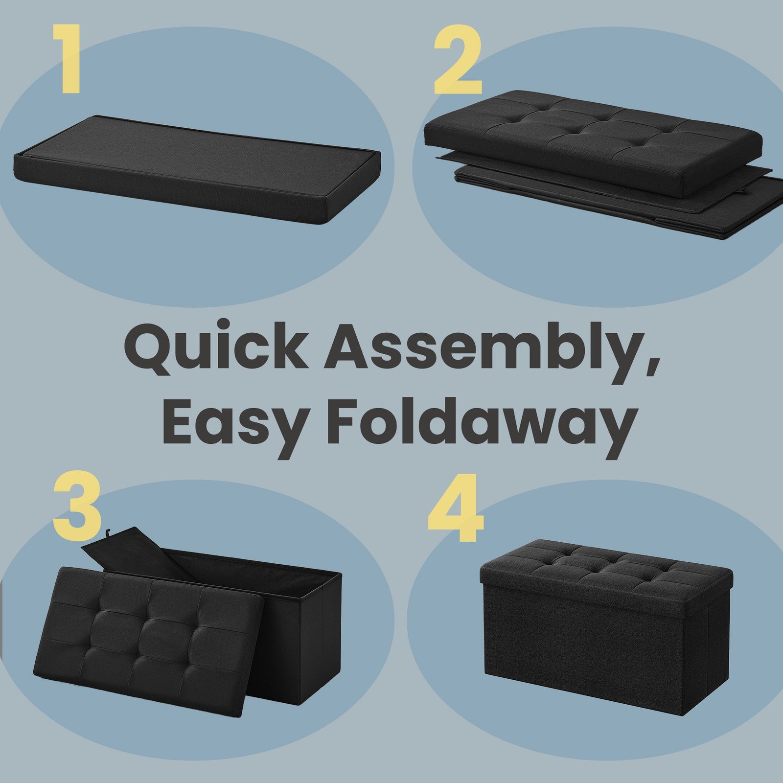 Storage Ottoman Bench - Fabric - Ink Black - Foldable with Storage