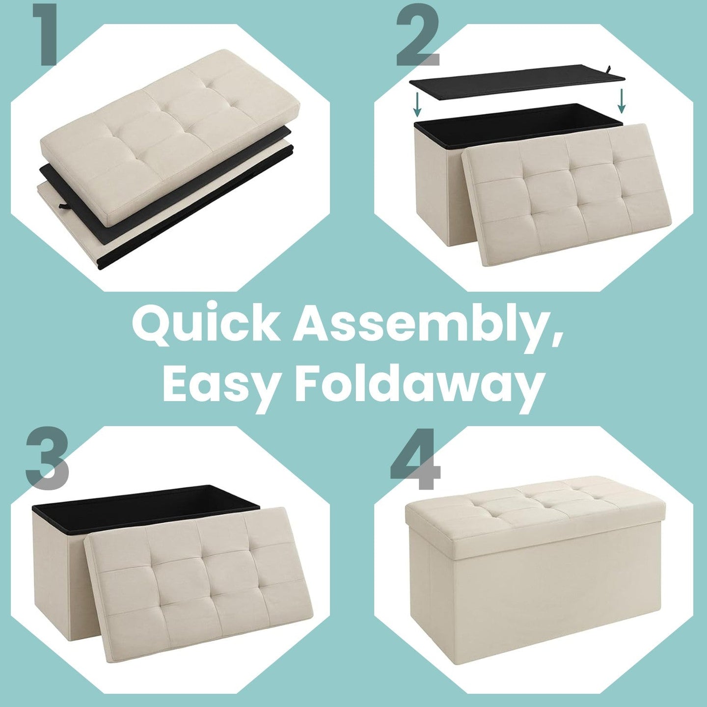 Storage Ottoman Bench - Fabric - Ink Black - Foldable with Storage