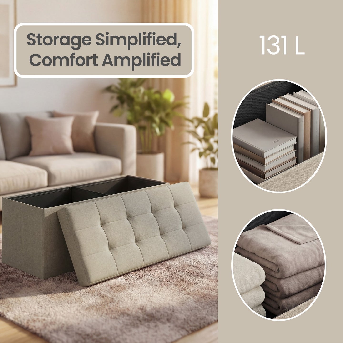 Storage Ottoman Bench - MDF and Linen-Look Fabric - Camel Brown