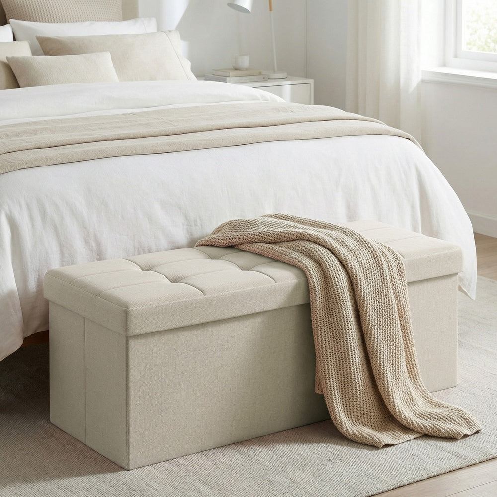 Storage Ottoman Bench - MDF and Linen-Look Fabric - White