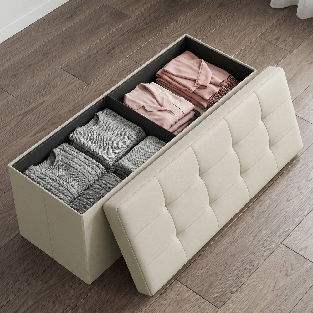 Storage Ottoman Bench - MDF and Linen-Look Fabric - White