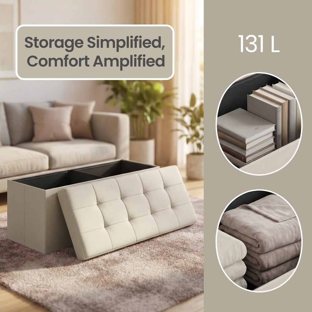 Storage Ottoman Bench - MDF and Linen-Look Fabric - White
