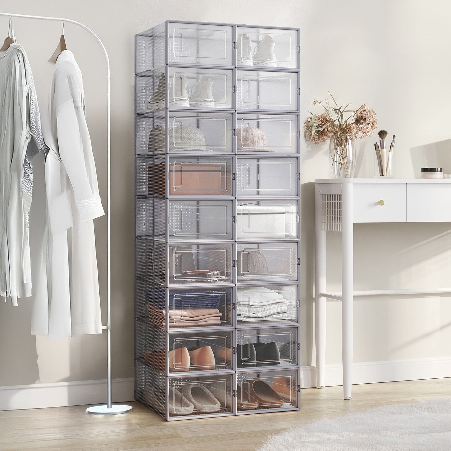 Shoe Storage Organizers - Pack of 12 - Transparent and White - Stackable Design