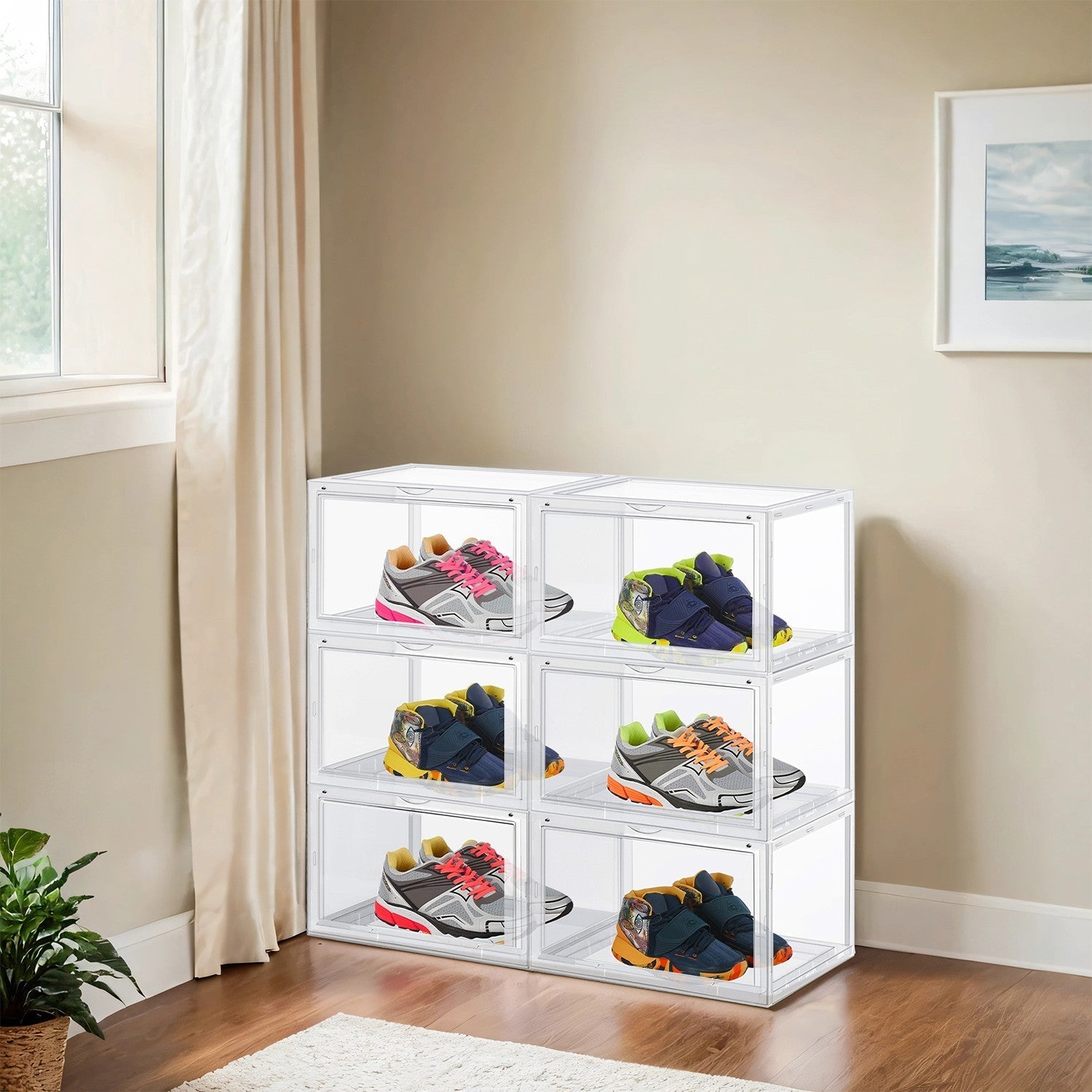 Set of 6 Plastic Shoe Organisers - Fits UK Size 11 - Transparent - Stackable Design