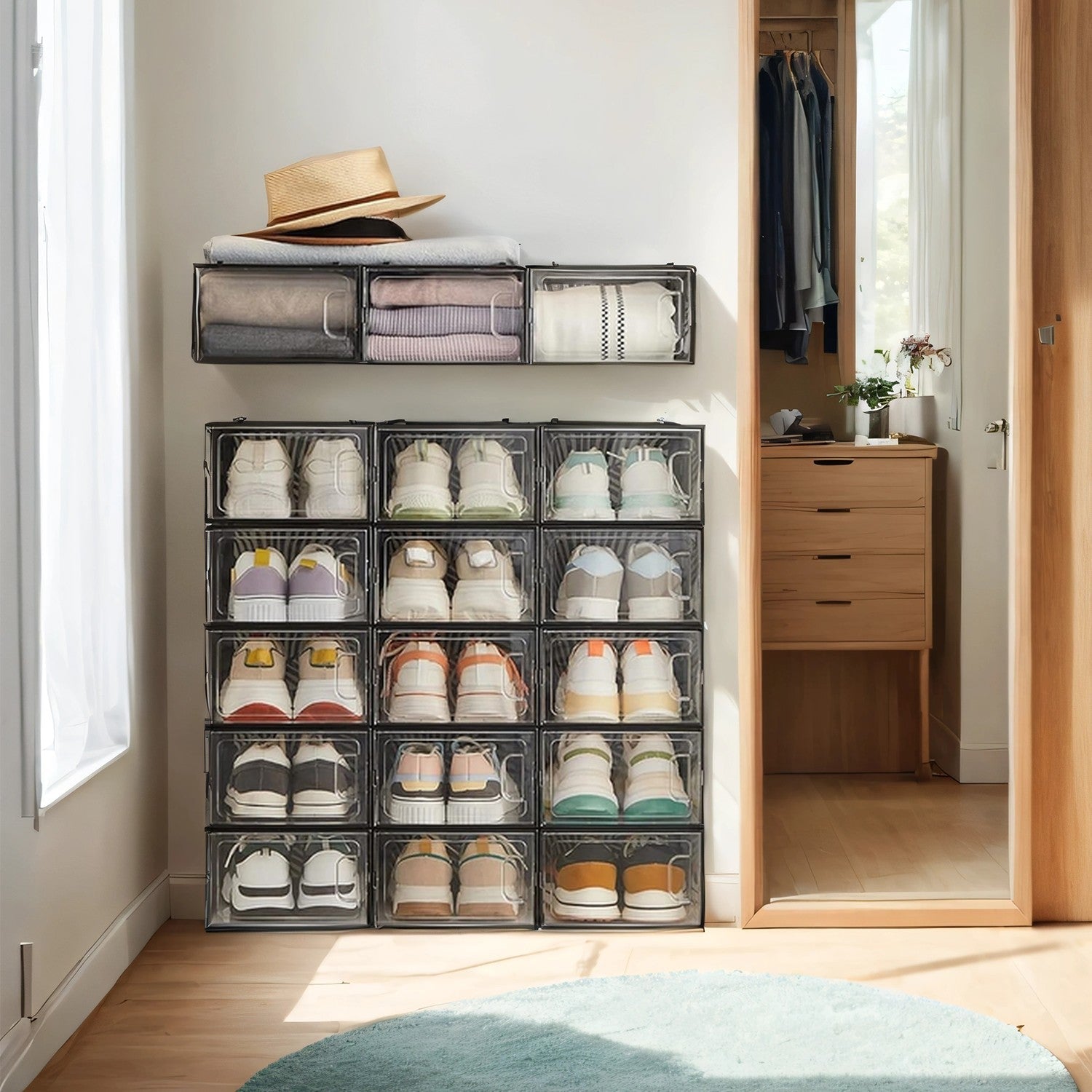 Shoe Storage Box Set - Clear Plastic - Transparent - Stackable and Foldable