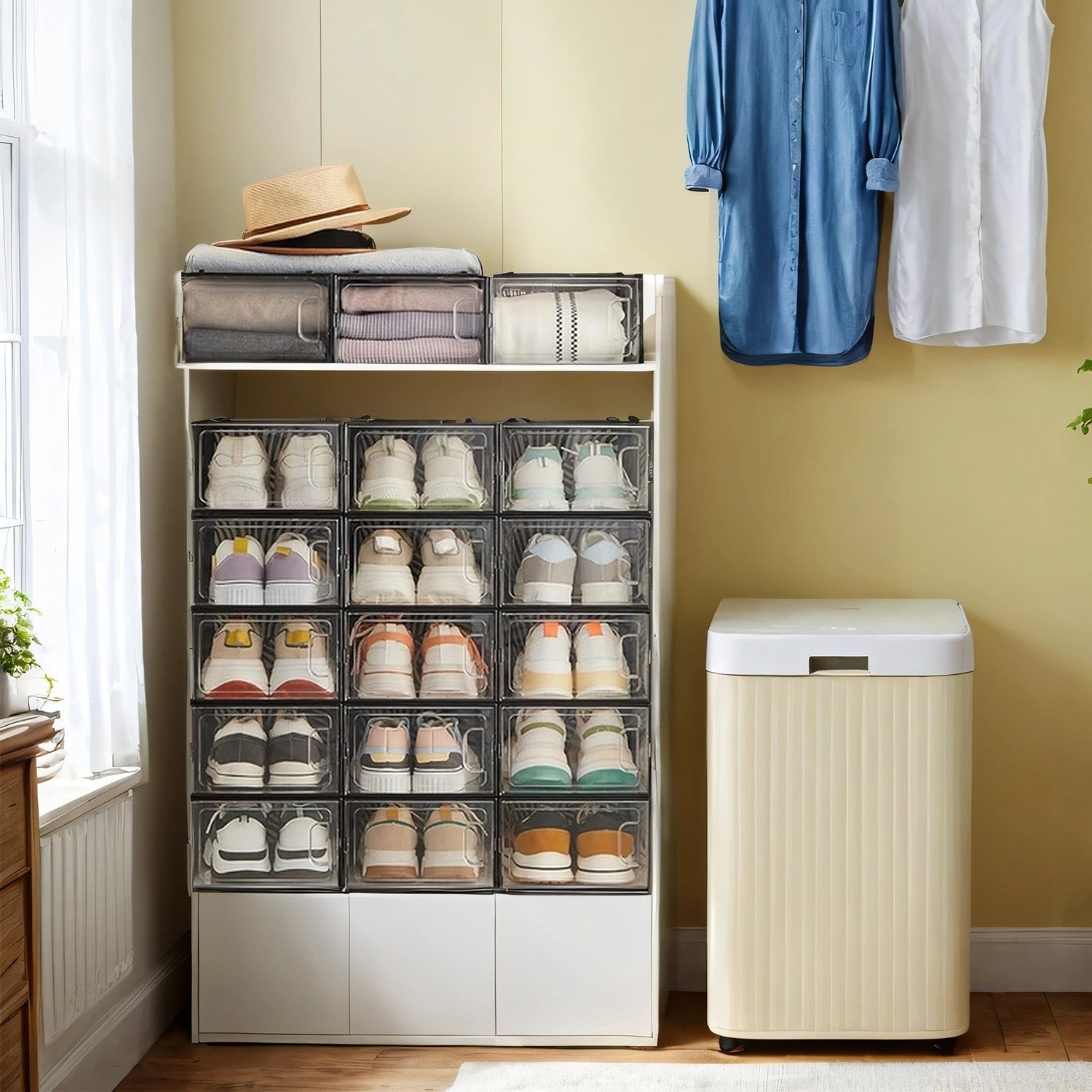 Shoe Storage Box Set - Clear Plastic - Transparent - Stackable and Foldable