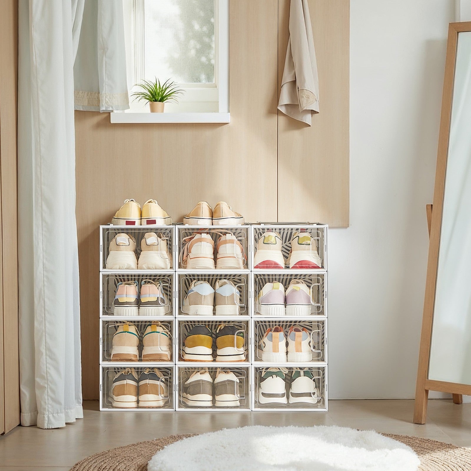 Set of 12 Stackable Shoe Boxes - Plastic - Transparent - Breathable and Foldable Design