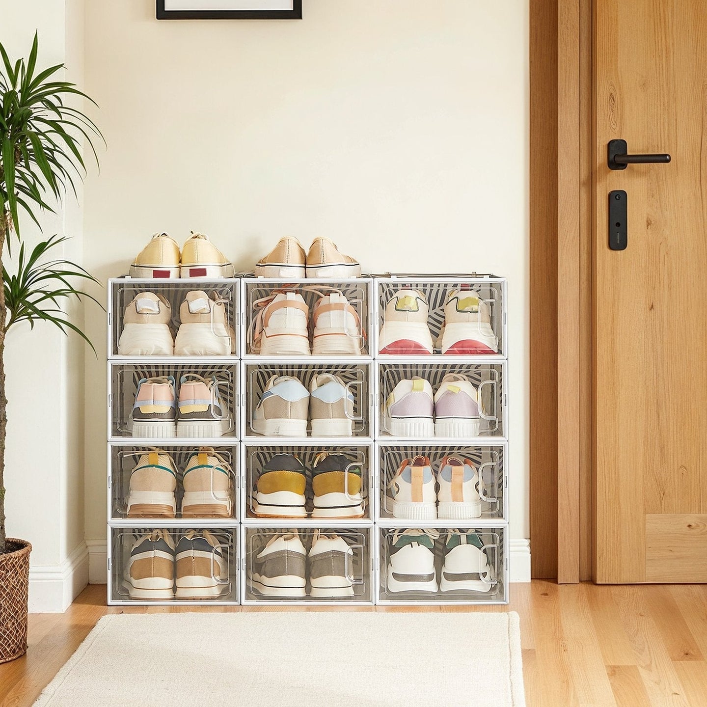 Set of 12 Stackable Shoe Boxes - Plastic - Transparent - Breathable and Foldable Design