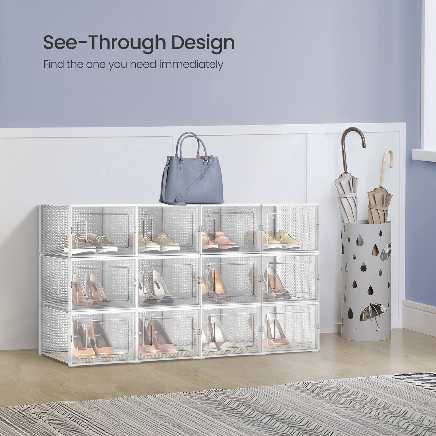 Stackable Shoe Storage Organizers - Plastic - Transparent and White - Pack of 12