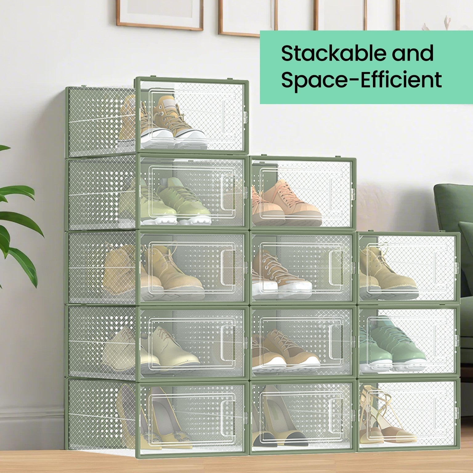 Shoe Storage Organizers - Pack of 12 - Transparent and White - Stackable Design