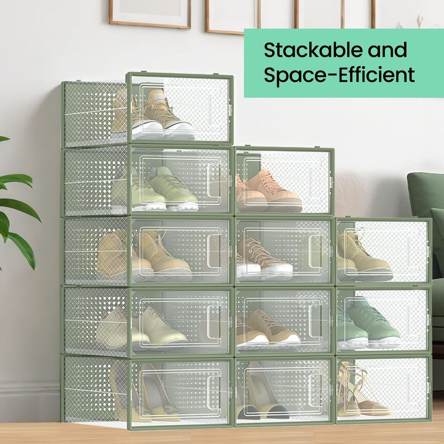 Shoe Storage Organizers - Pack of 12 - Transparent and White - Stackable Design