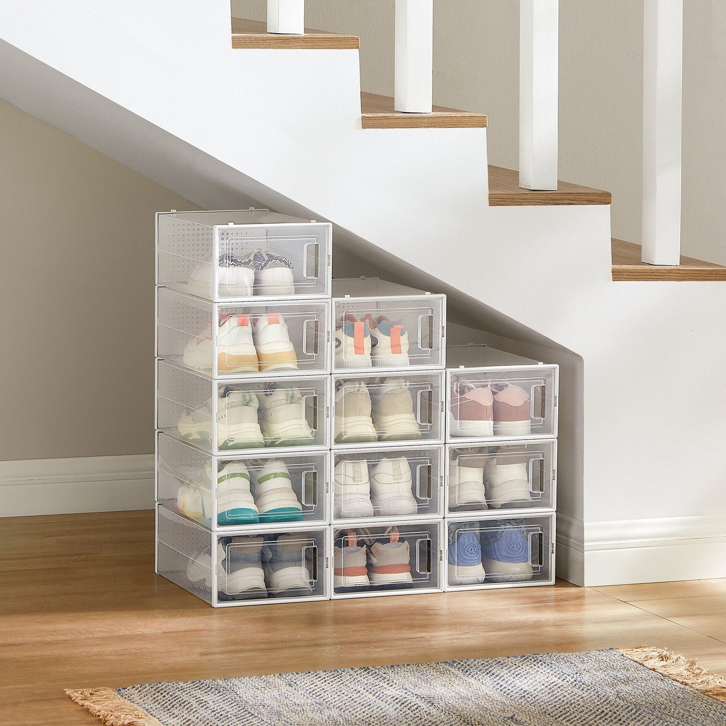 Shoe Storage Organizers - Pack of 12 - Transparent and White - Stackable Design