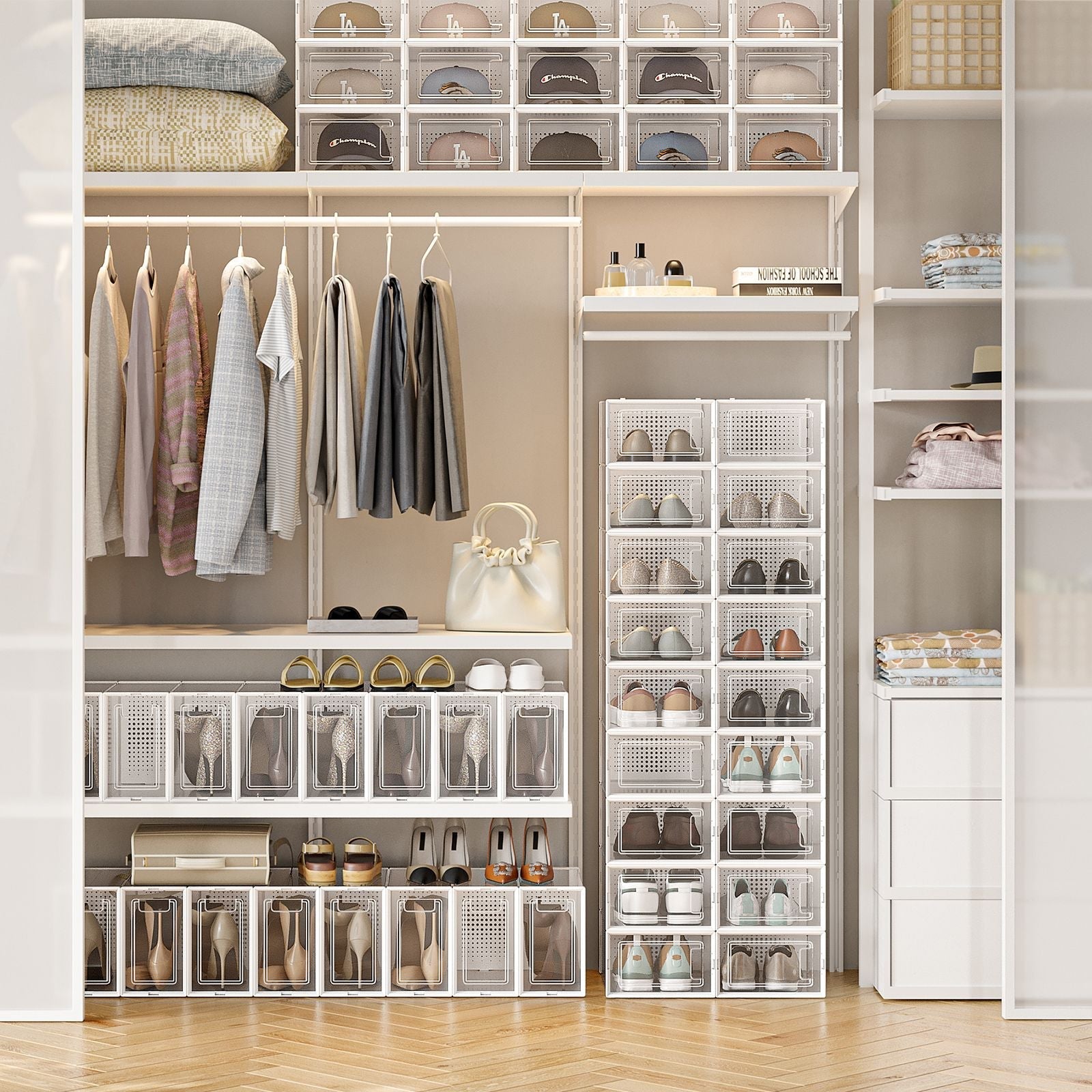 Shoe Storage Organizers - Pack of 12 - Transparent and White - Stackable Design