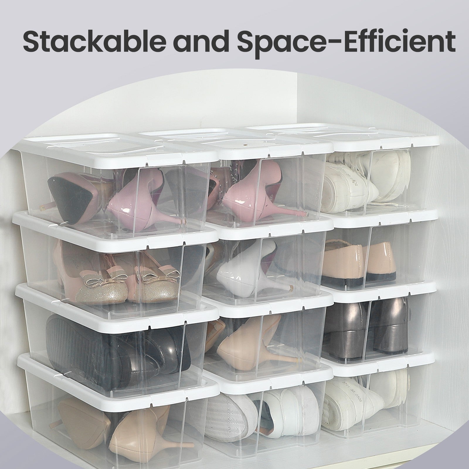 Set of 12 Shoe Boxes - Plastic - Transparent - Stackable with Lids