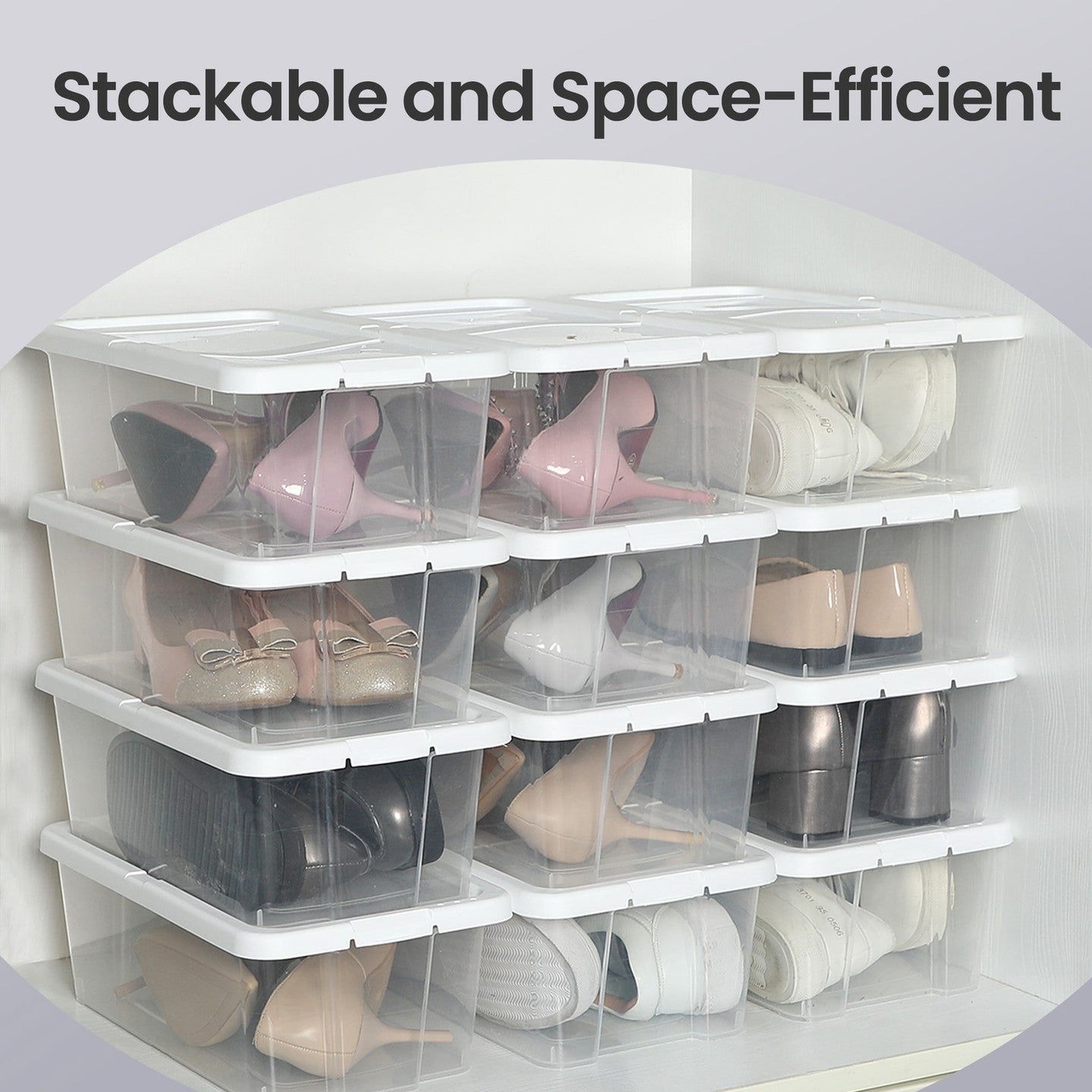 Set of 12 Shoe Boxes - Plastic - Transparent - Stackable with Lids