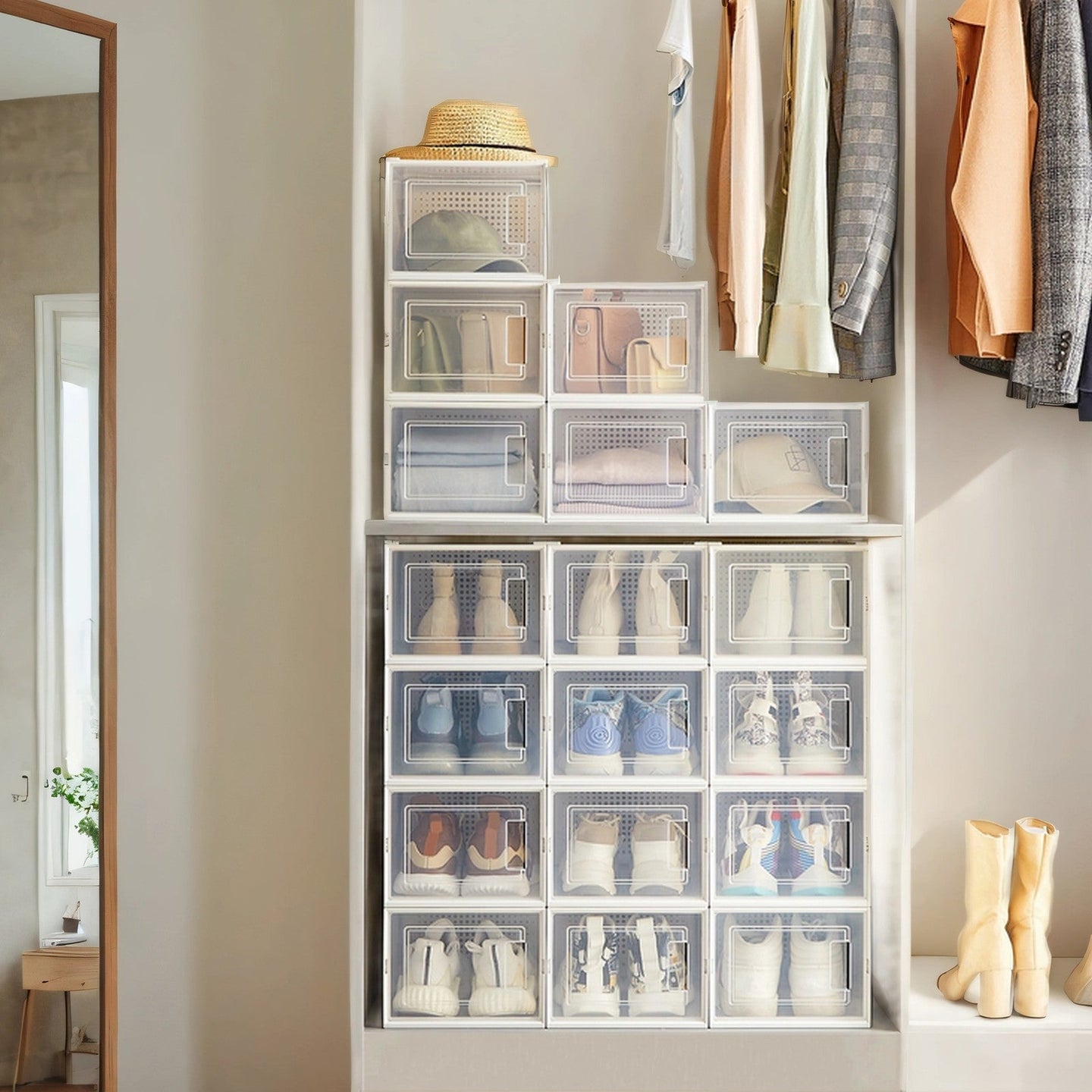 Pack of 18 Stackable Shoe Storage Organizers - Fits UK Size 13 - Transparent and White - Ideal for Space-Saving Organization
