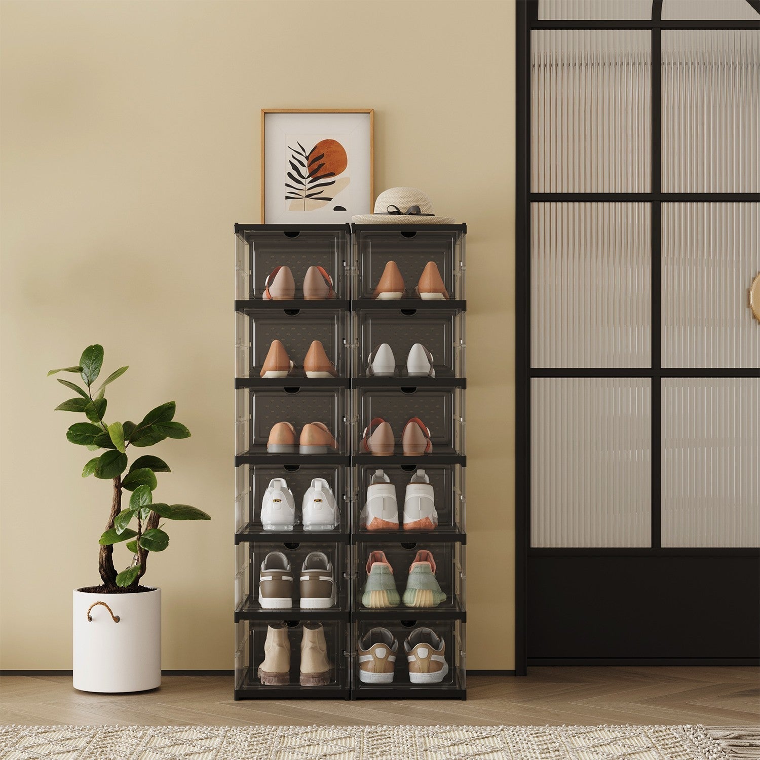 Set of 12 Stackable Foldable Shoe Storage Organizers - For US Size 13 - Transparent