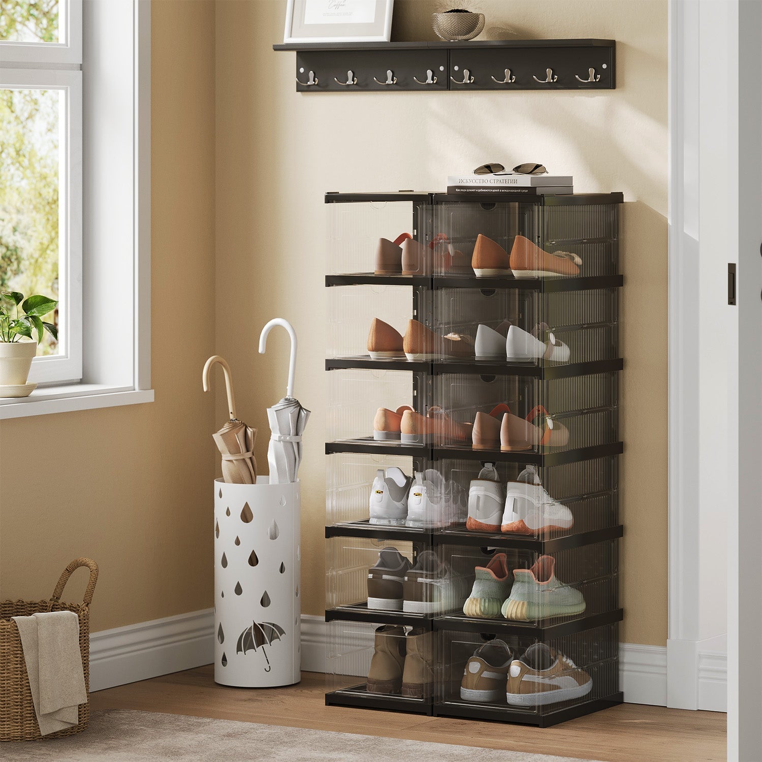 Set of 12 Stackable Foldable Shoe Storage Organizers - For US Size 13 - Transparent