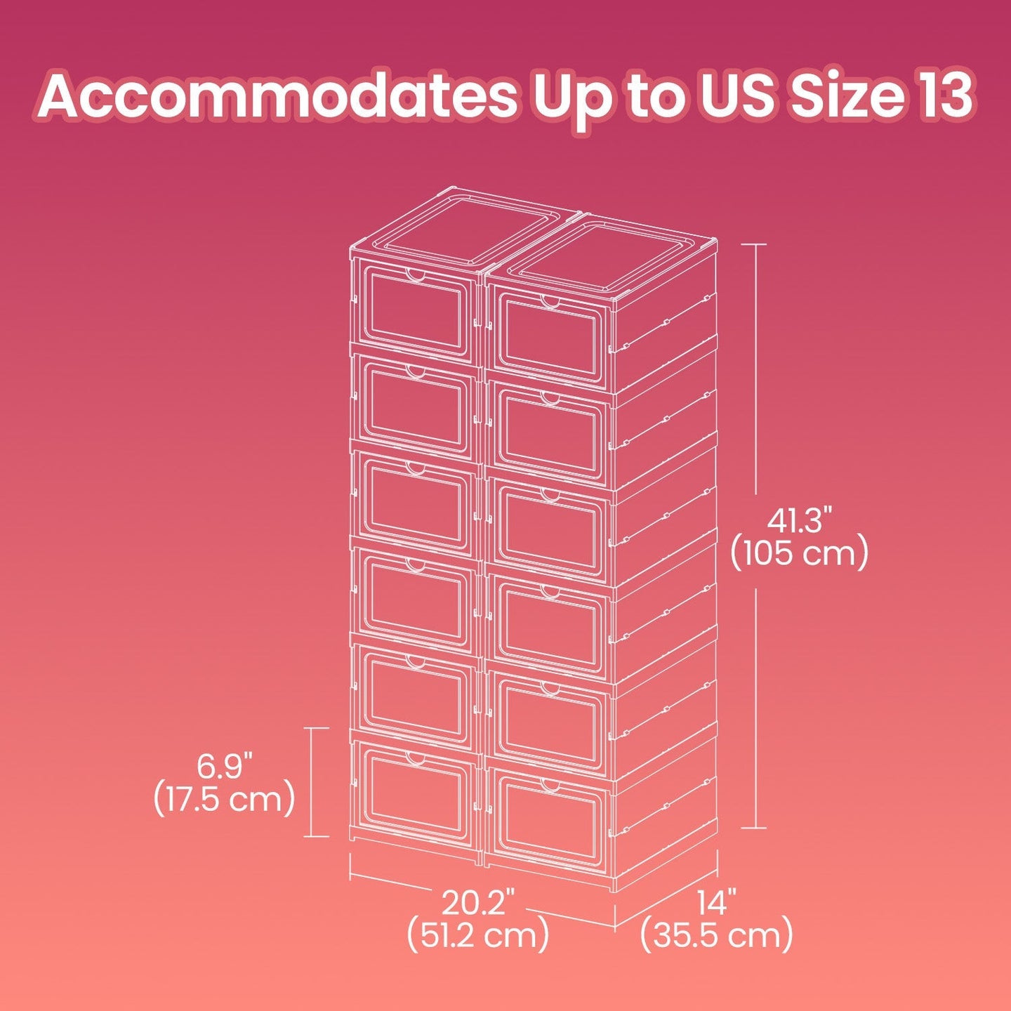 Set of 12 Stackable Foldable Shoe Storage Organizers - For US Size 13 - Transparent