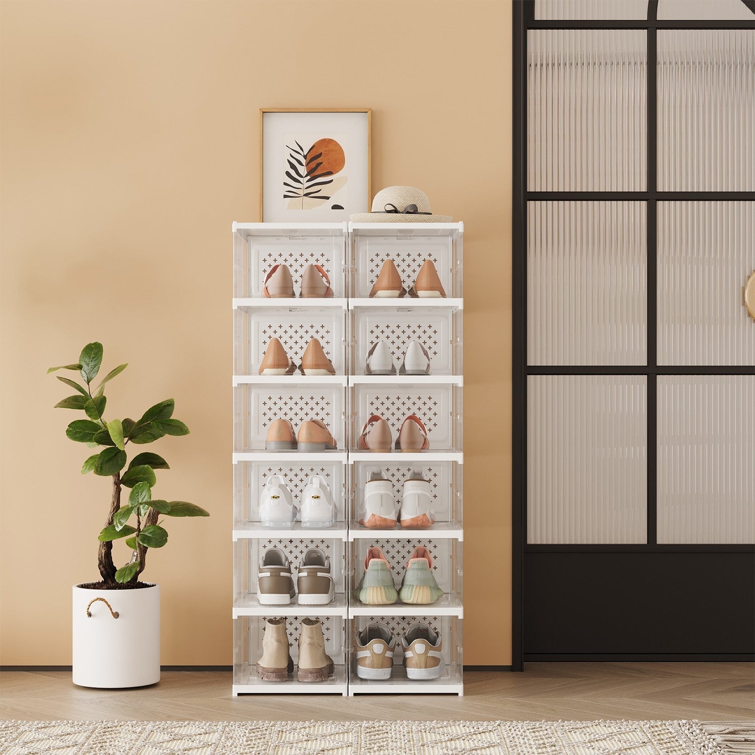 Set of 12 Stackable Foldable Shoe Storage Organizers - For US Size 13 - Transparent