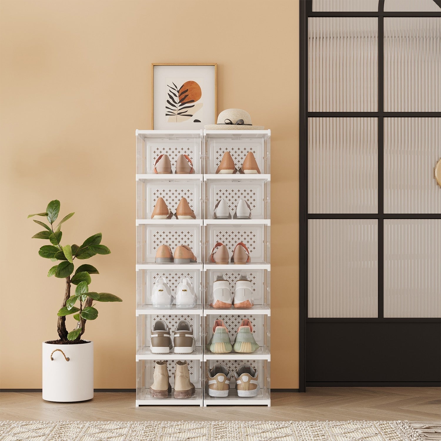 Set of 12 Stackable Foldable Shoe Storage Organizers - For US Size 13 - Transparent
