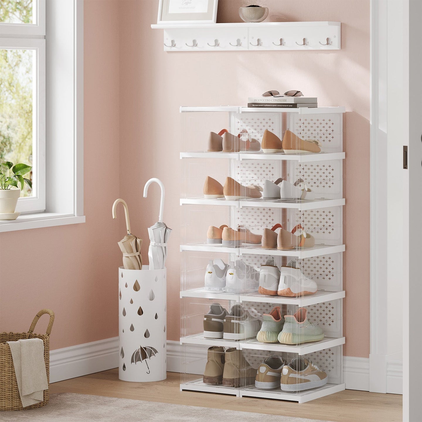 Set of 12 Stackable Foldable Shoe Storage Organizers - For US Size 13 - Transparent