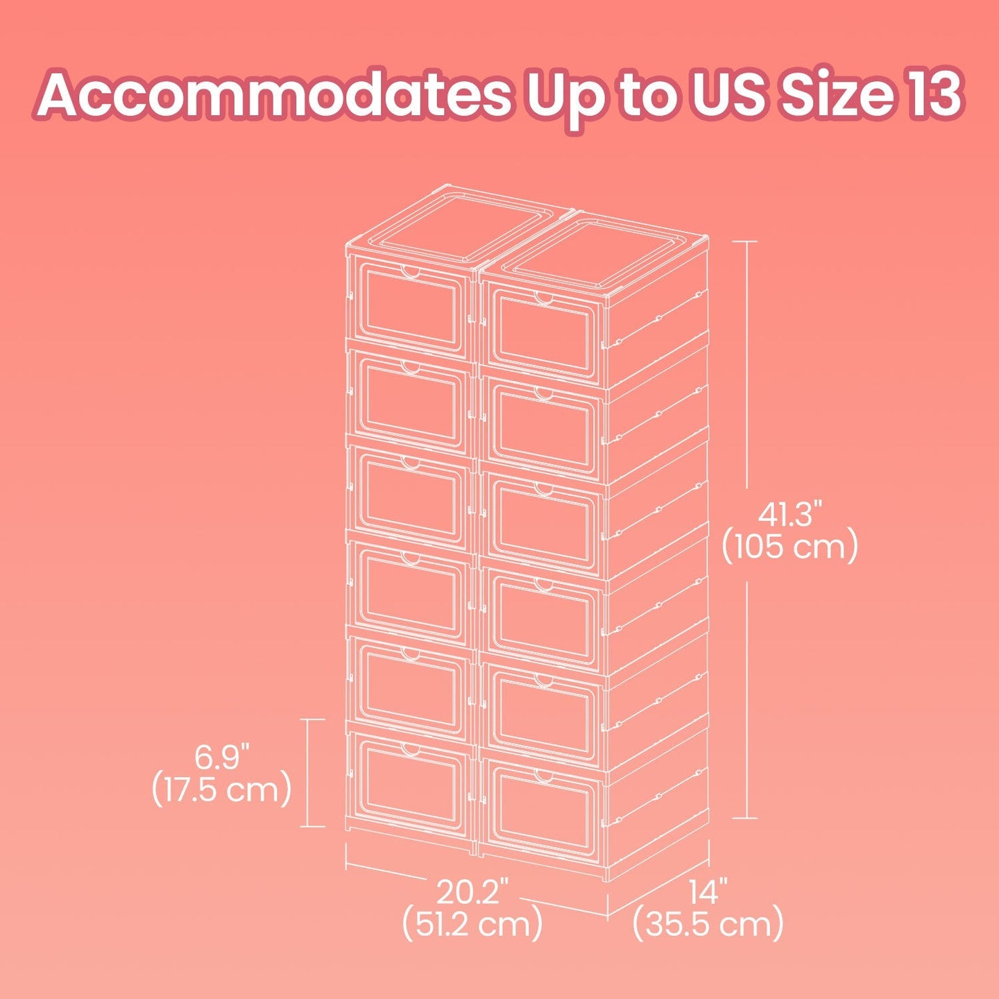 Set of 12 Stackable Foldable Shoe Storage Organizers - For US Size 13 - Transparent