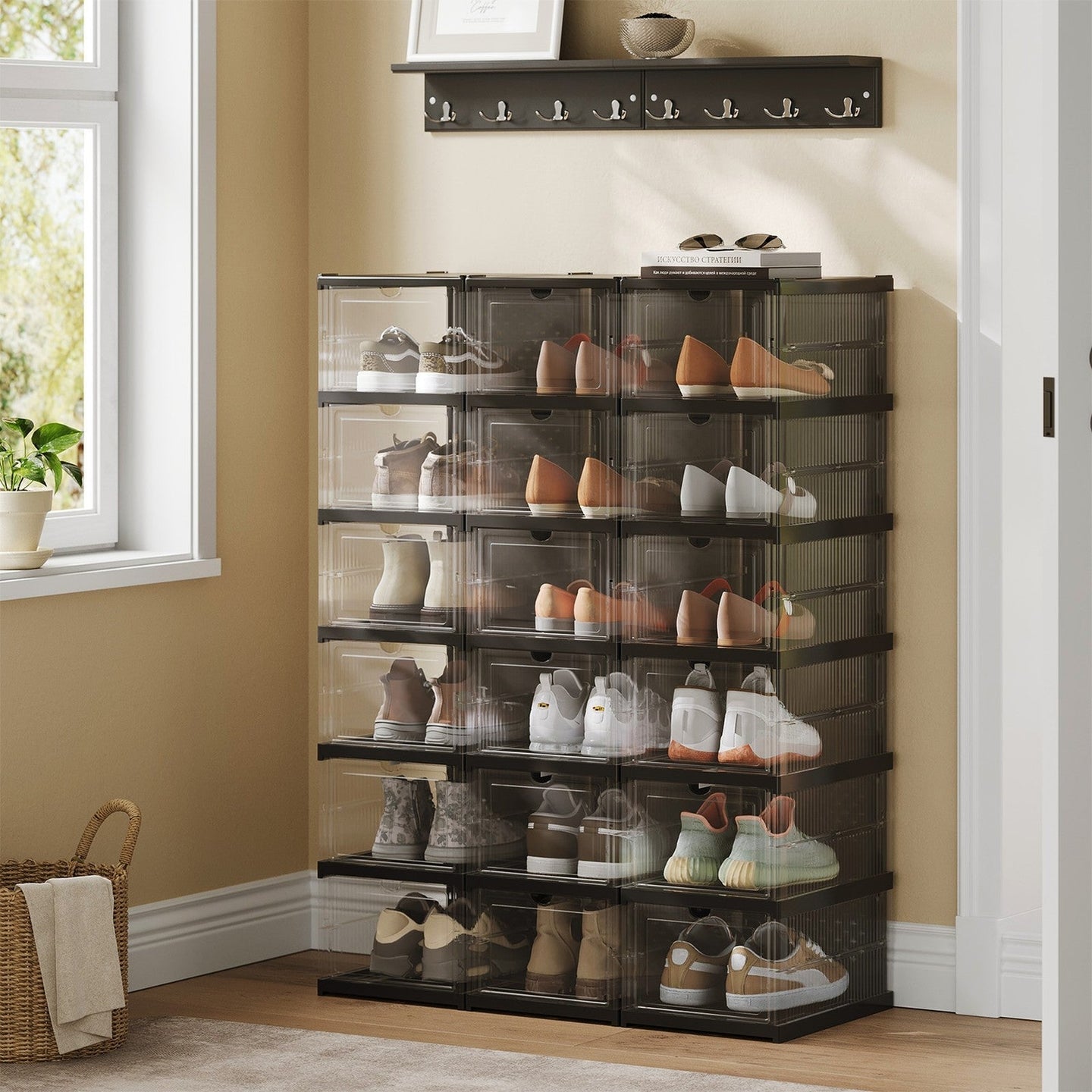 Shoe Storage Organizer Set - Fits Up to US Size 13 - Transparent - Stackable and Foldable