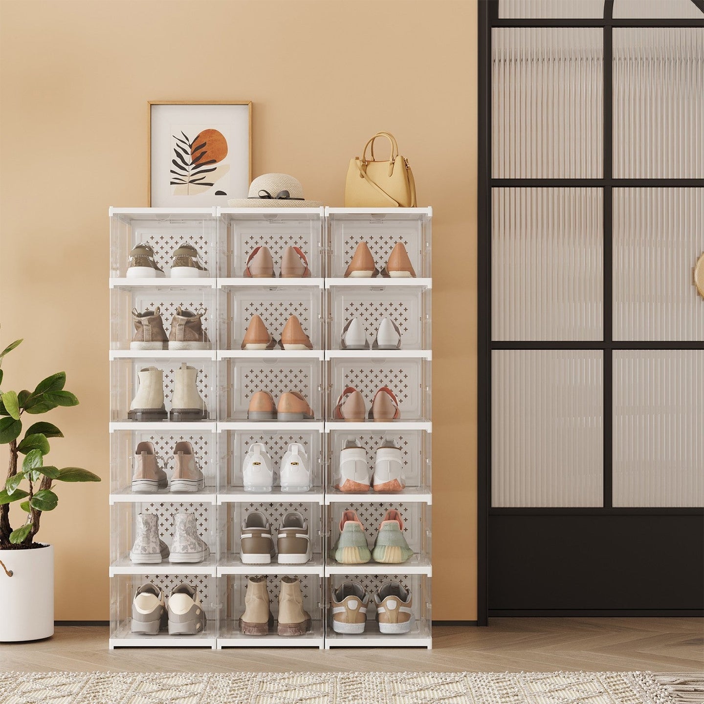 Shoe Storage Organizer Set - Fits Up to US Size 13 - Transparent - Stackable and Foldable