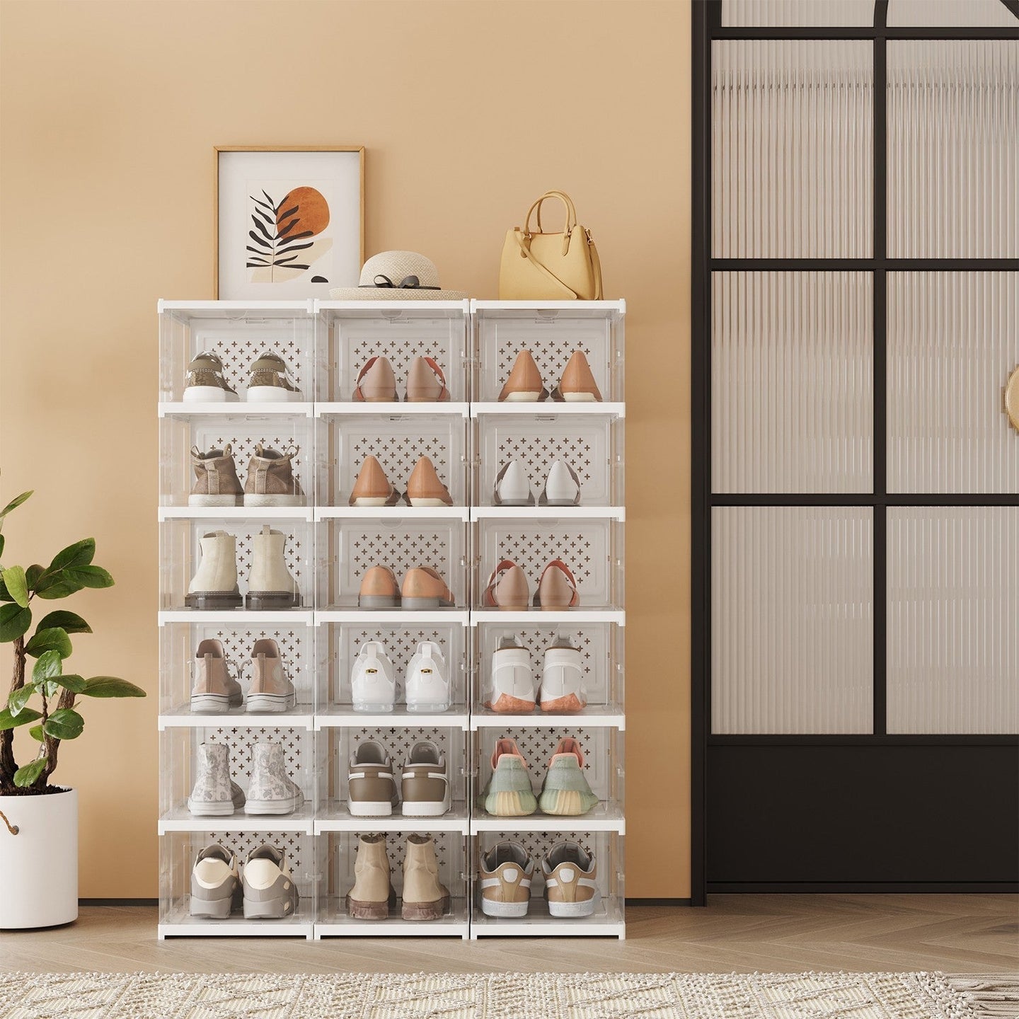 Set of 12 Stackable Foldable Shoe Storage Organizers - For US Size 13 - Transparent