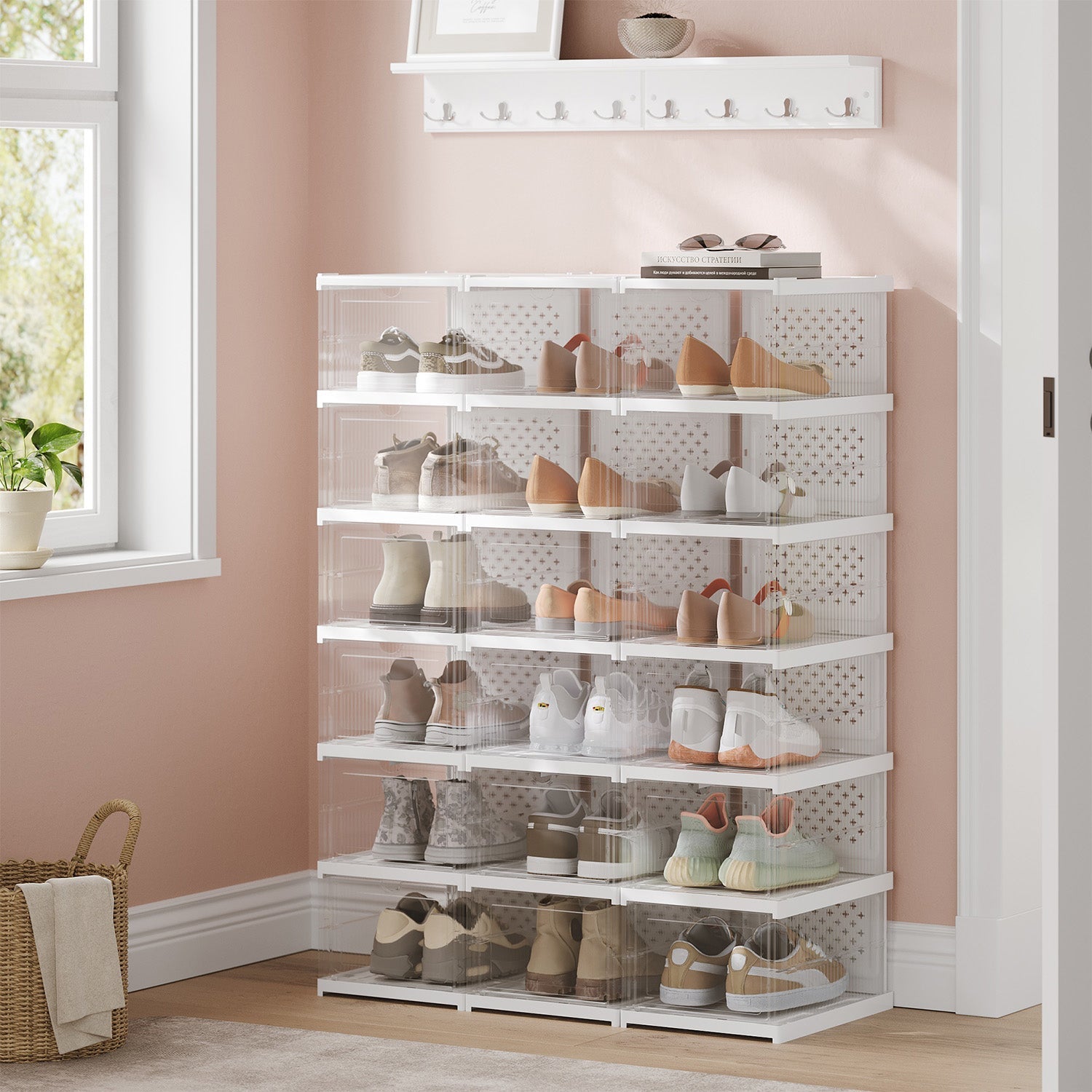Shoe Storage Organizer Set - Fits Up to US Size 13 - Transparent - Stackable and Foldable