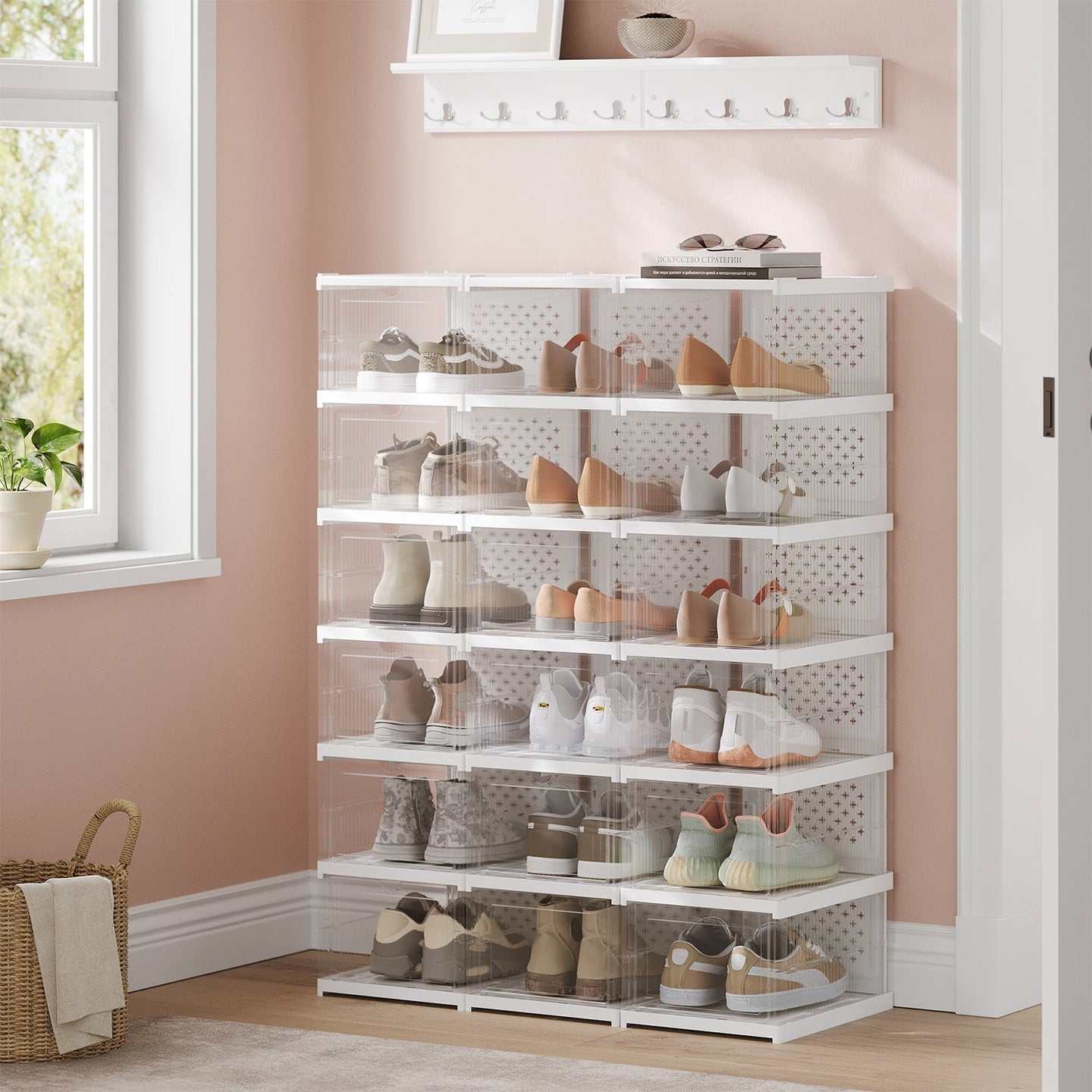 Shoe Storage Organizer Set - Fits Up to US Size 13 - Transparent - Stackable and Foldable