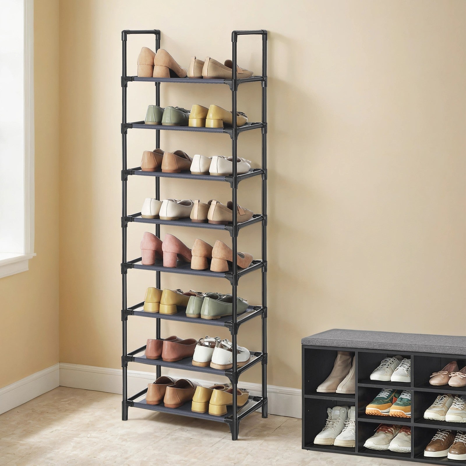 8-Tier Shoe Rack - Metal Frame - Grey - Multifunctional Organizer for 16-20 Pairs