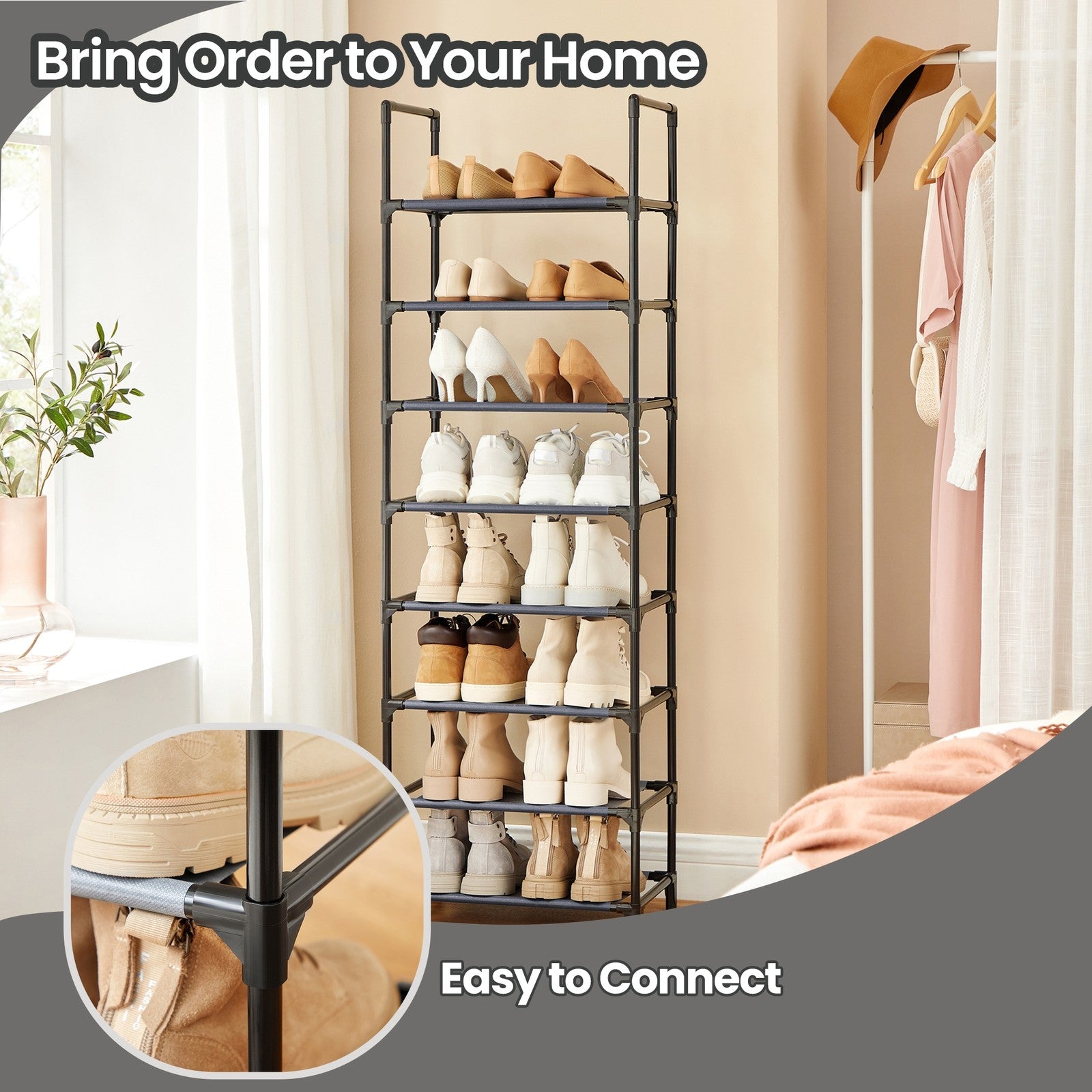 8-Tier Shoe Rack - Metal Frame - Grey - Multifunctional Organizer for 16-20 Pairs