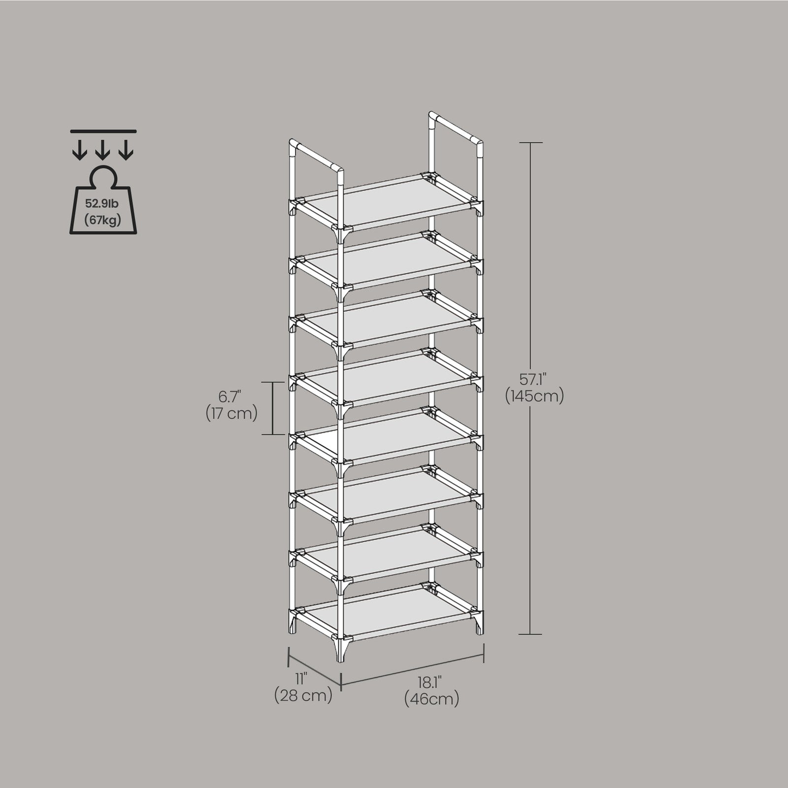 8-Tier Shoe Rack - Metal Frame - Grey - Multifunctional Organizer for 16-20 Pairs